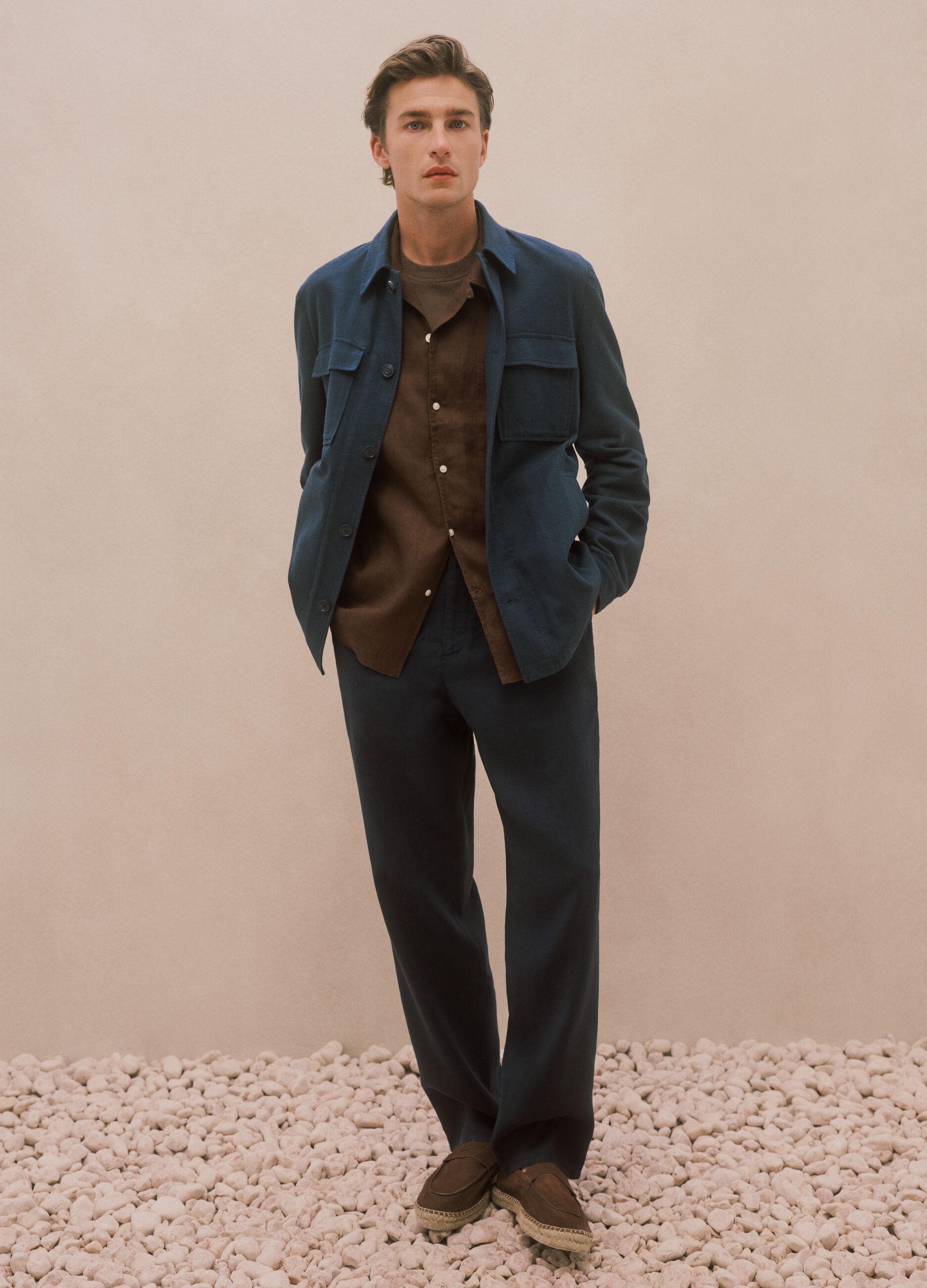 Brown short sleeve pure linen regular fit shirt