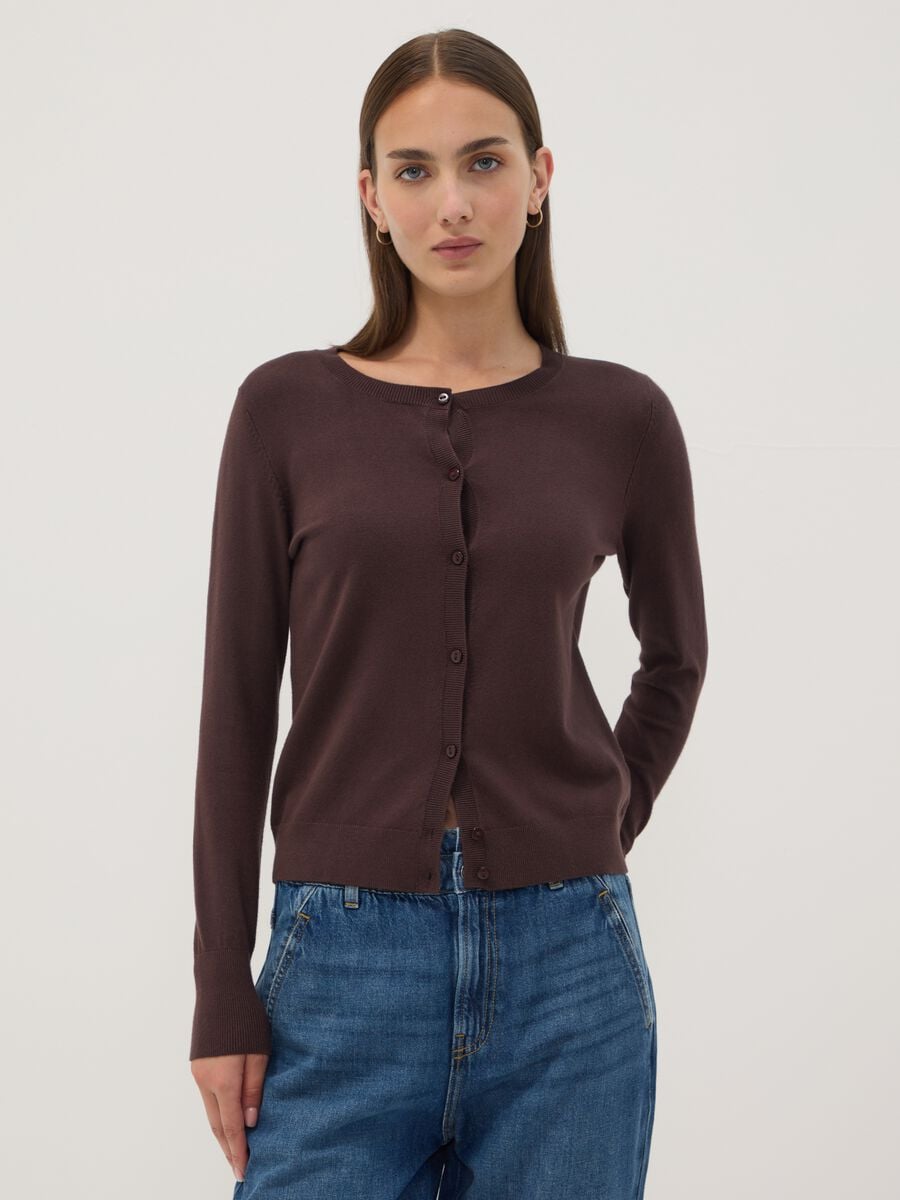 Cardigan marrone in misto viscosa a girocollo regular fit_2