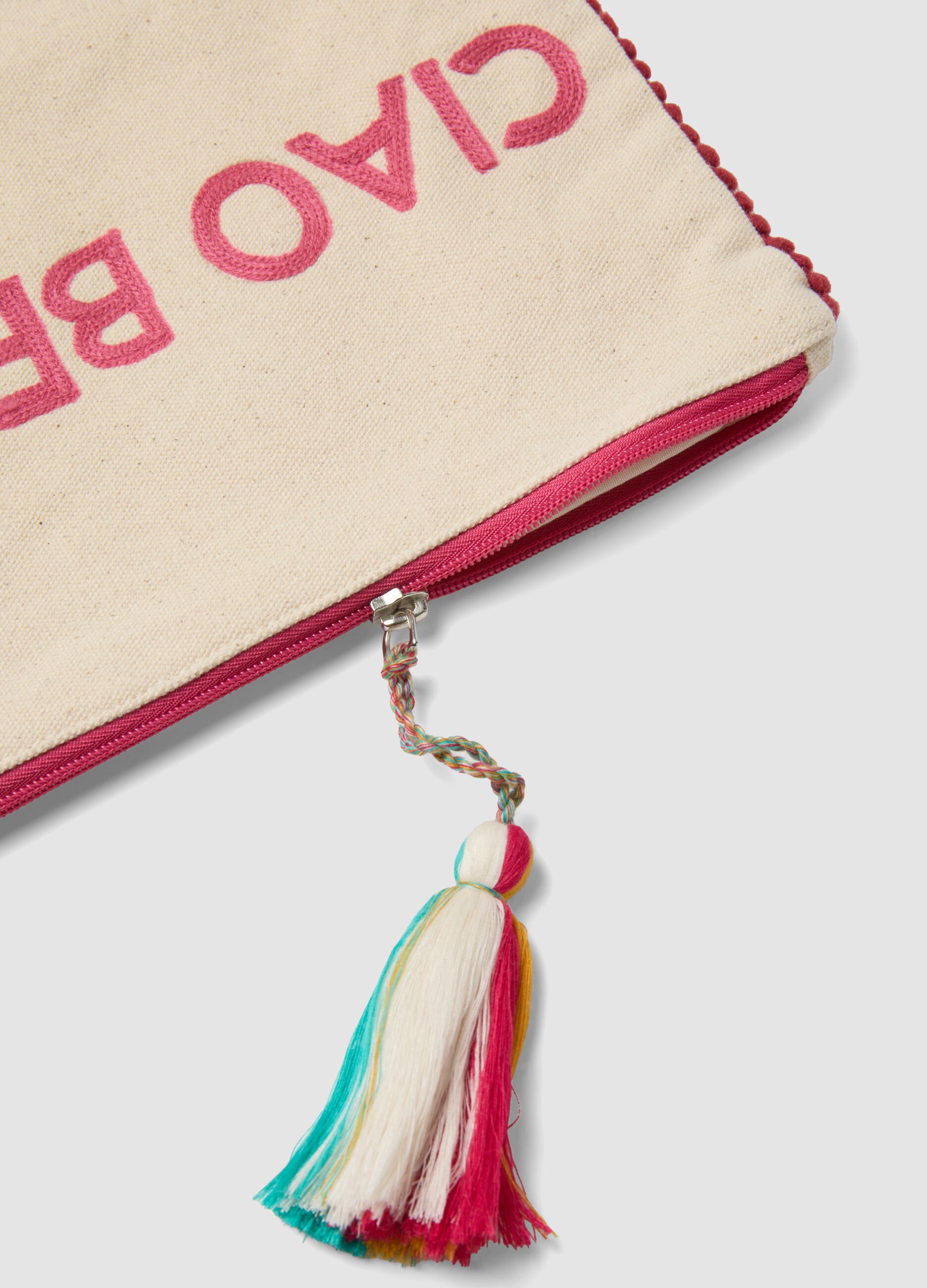 Pochette in puro cotone beige con nappina e zip