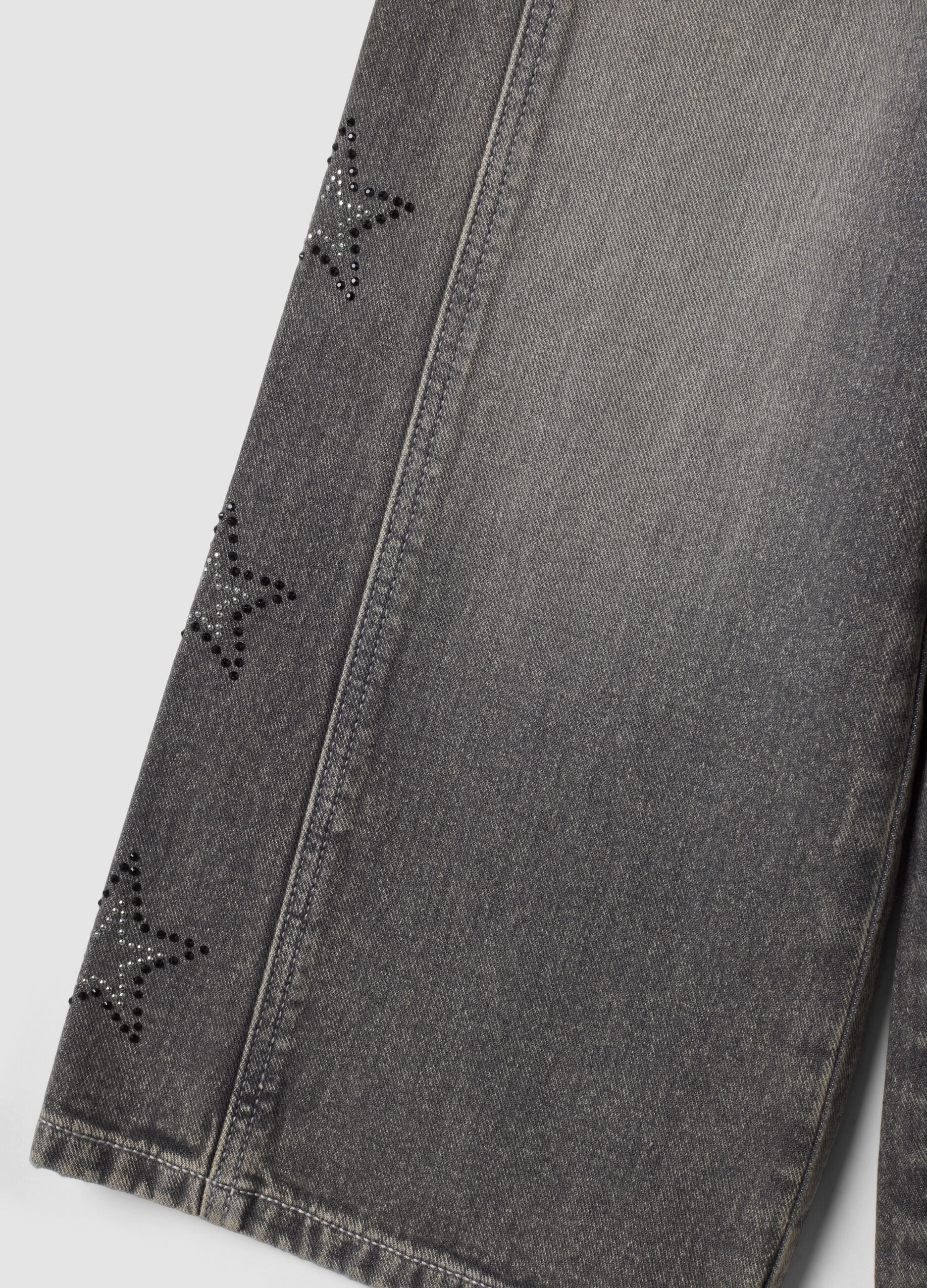 Grey wide-leg pure cotton jeans with star details for girls