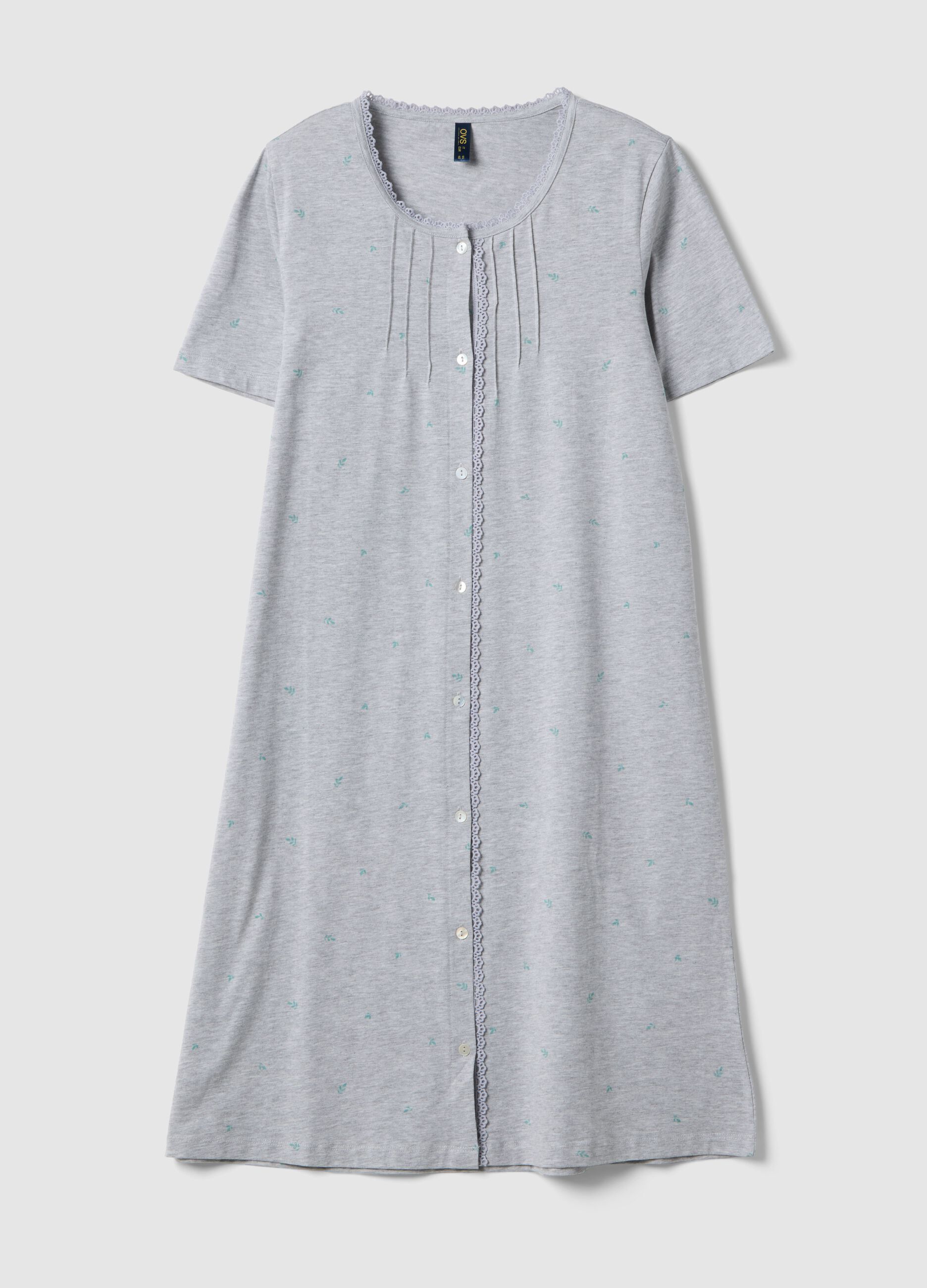 Grey organic cotton blend nightdress with buttons and embroidery