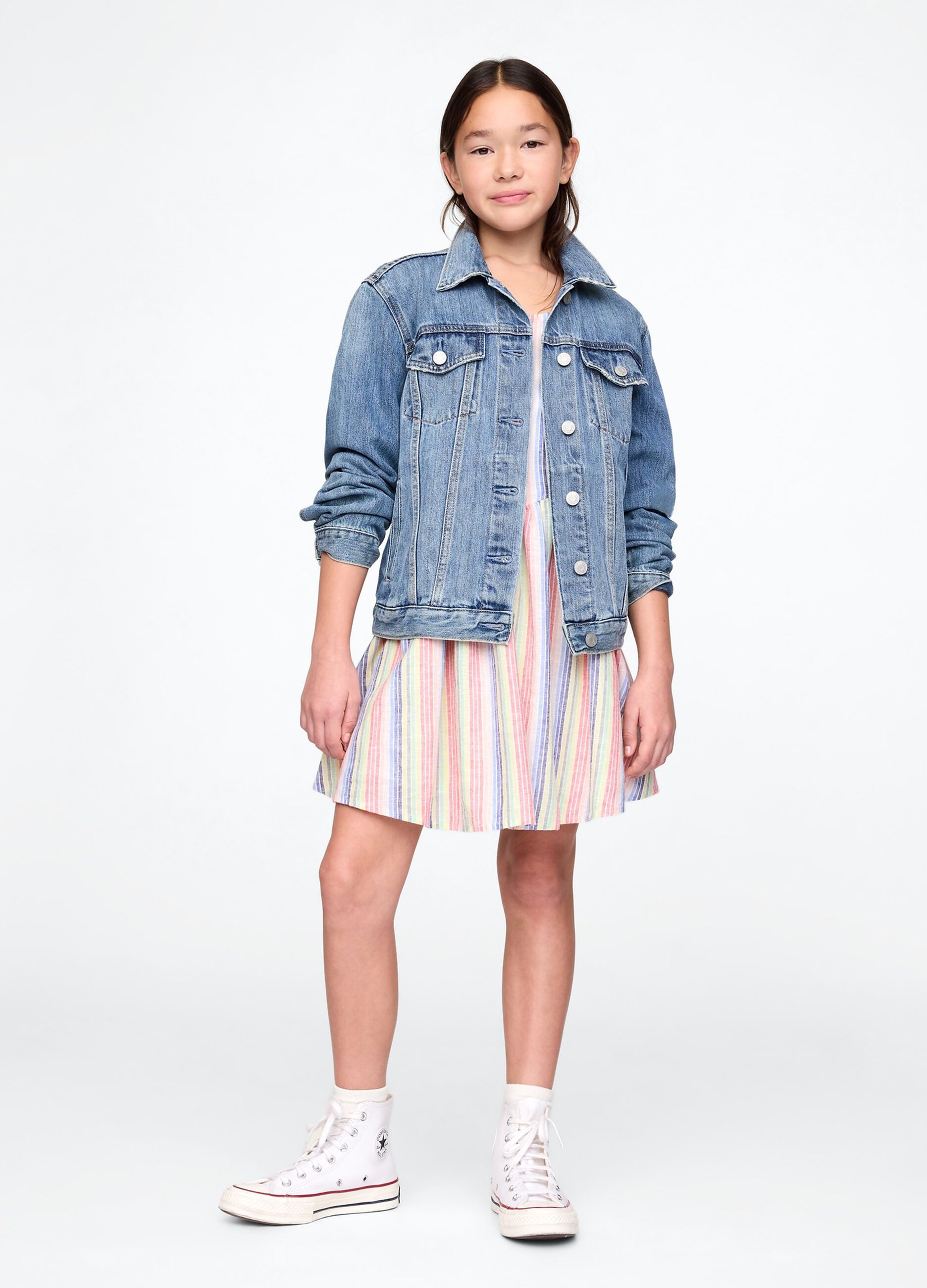 Multicoloured striped linen and cotton dress for girls