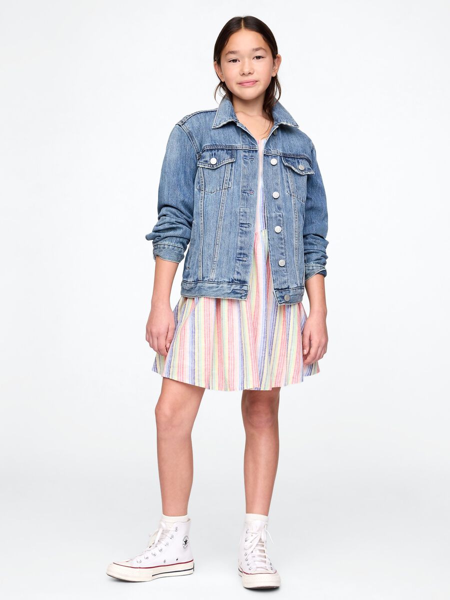 Multicoloured striped linen and cotton dress for girls_0