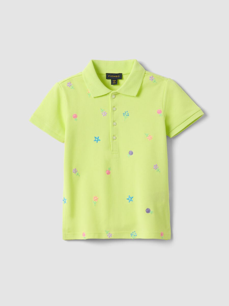 Girls' green pure cotton polo regular fit with embroidered flowers_3