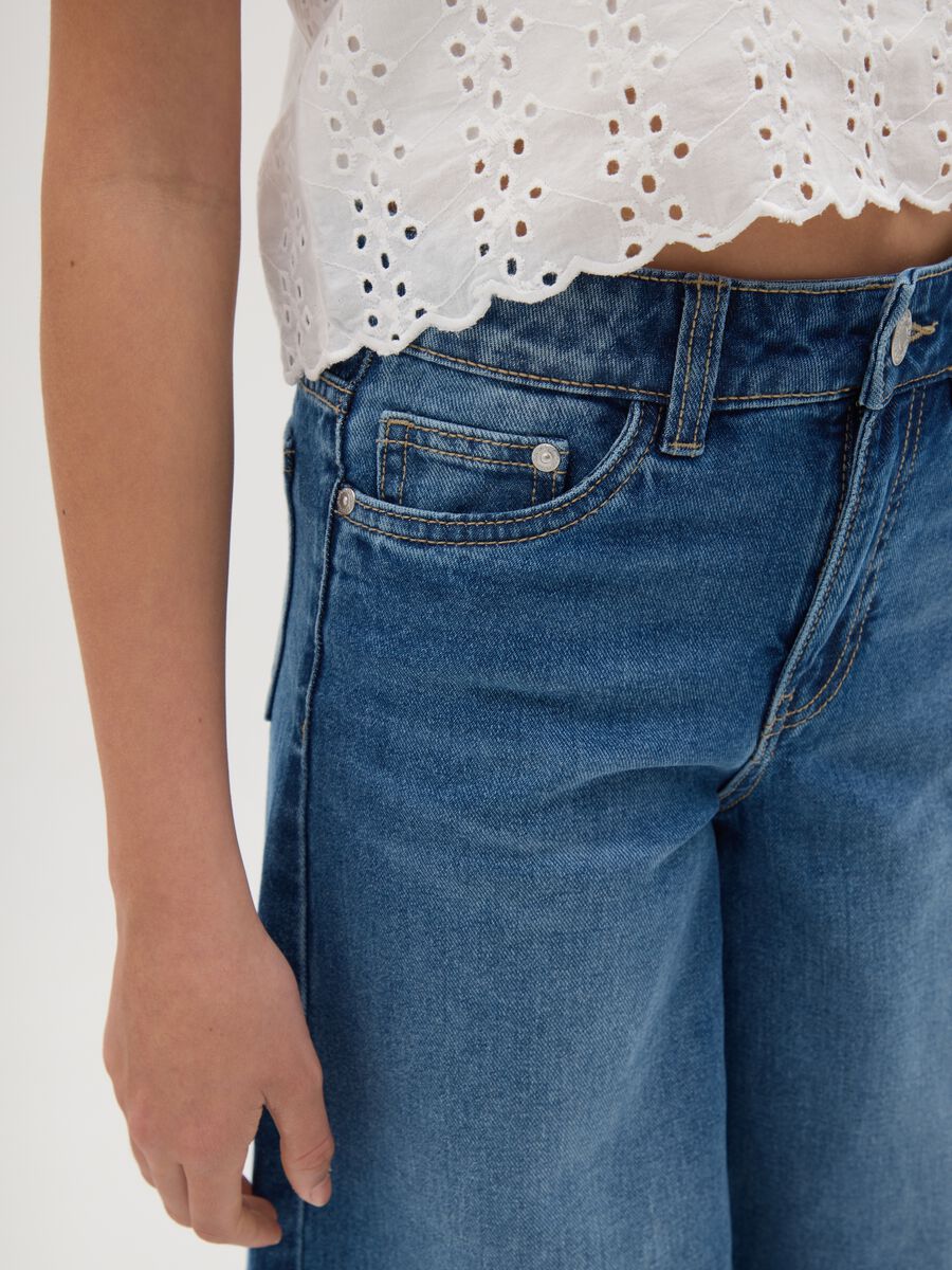 Girls' culotte jeans in pure blue denim cotton wide leg with five pockets_2