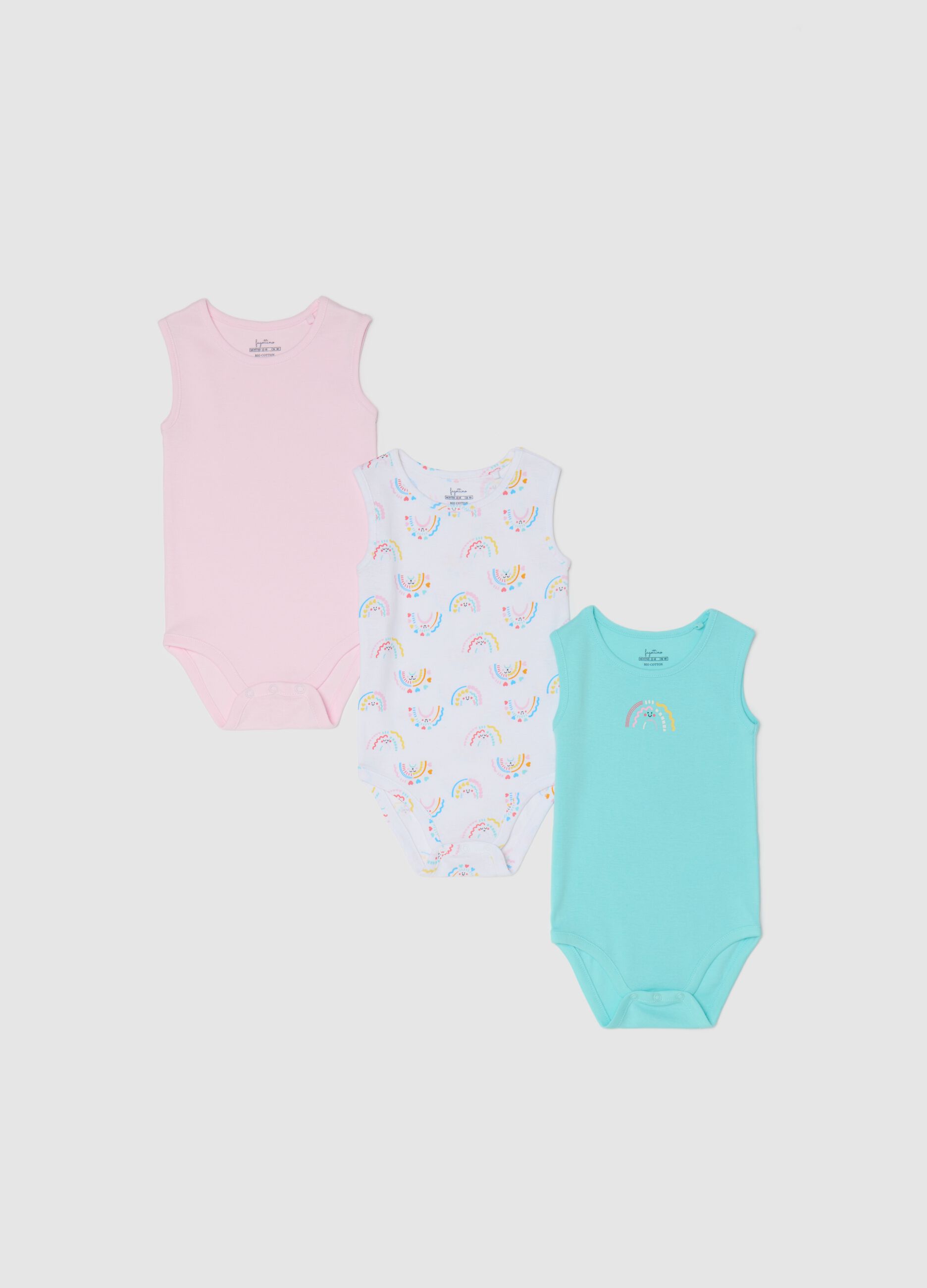 Tripack body smanicati in cotone bio con stampa rosa verde
