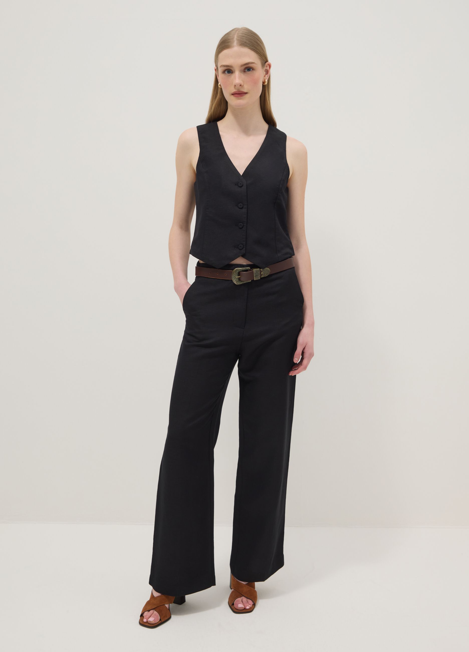 Black linen-blend slim-fit waistcoat with buttons