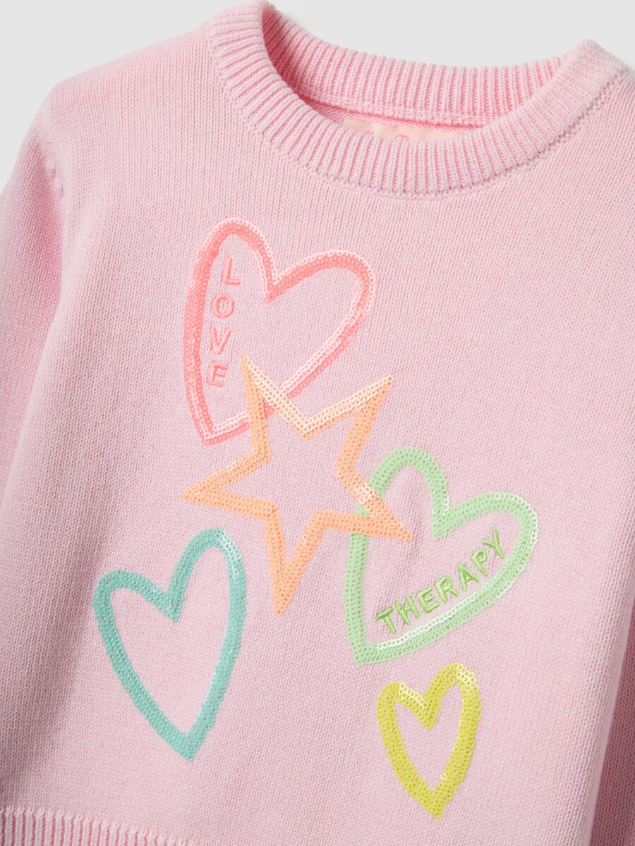 Girls' pink pure cotton sweater with hearts and stars, regular fit_2