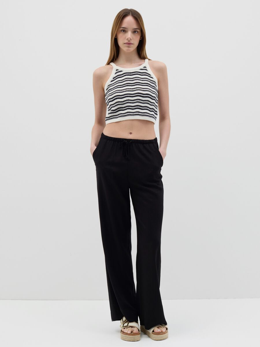 White and black striped cotton knit cropped top_1