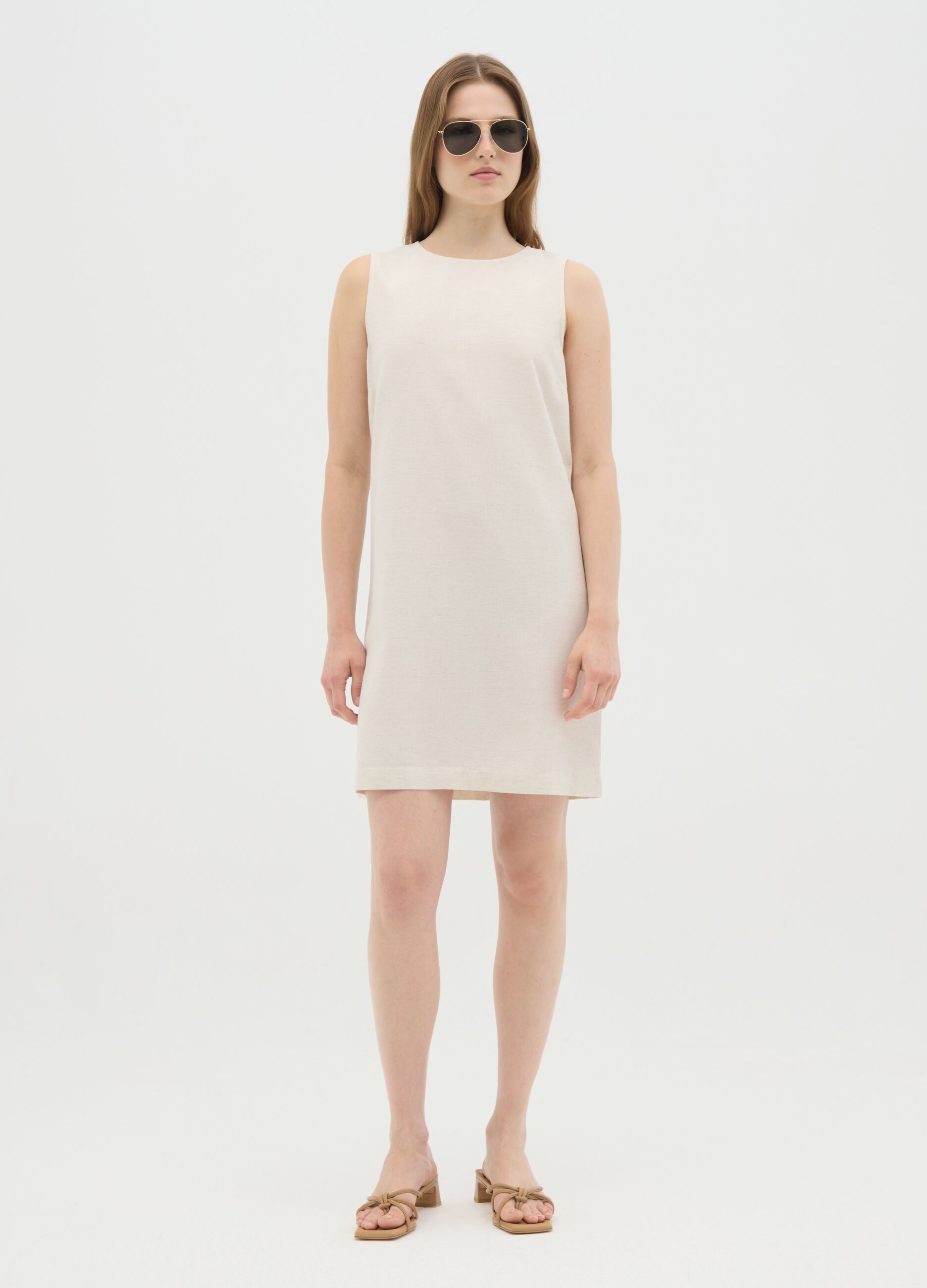 Women's Sleeveless Cotton Blend Dress in Beige Regular Fit