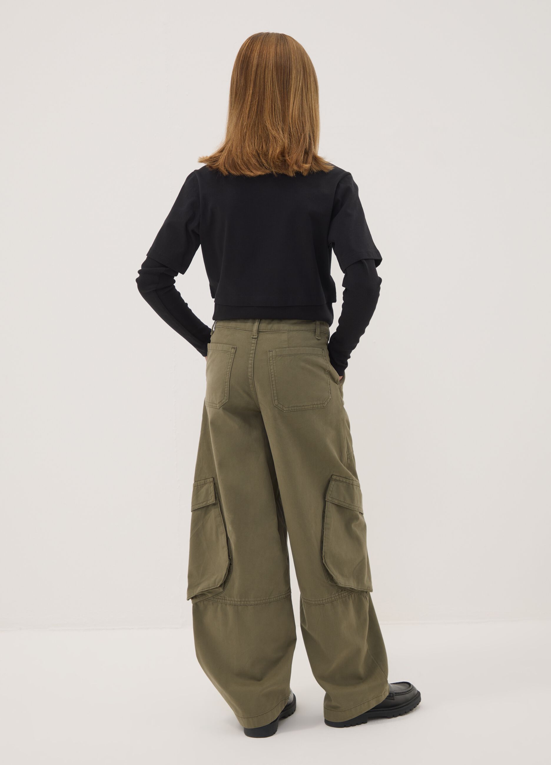 Girls&rsquo; green pure cotton straight-fit cargo trousers