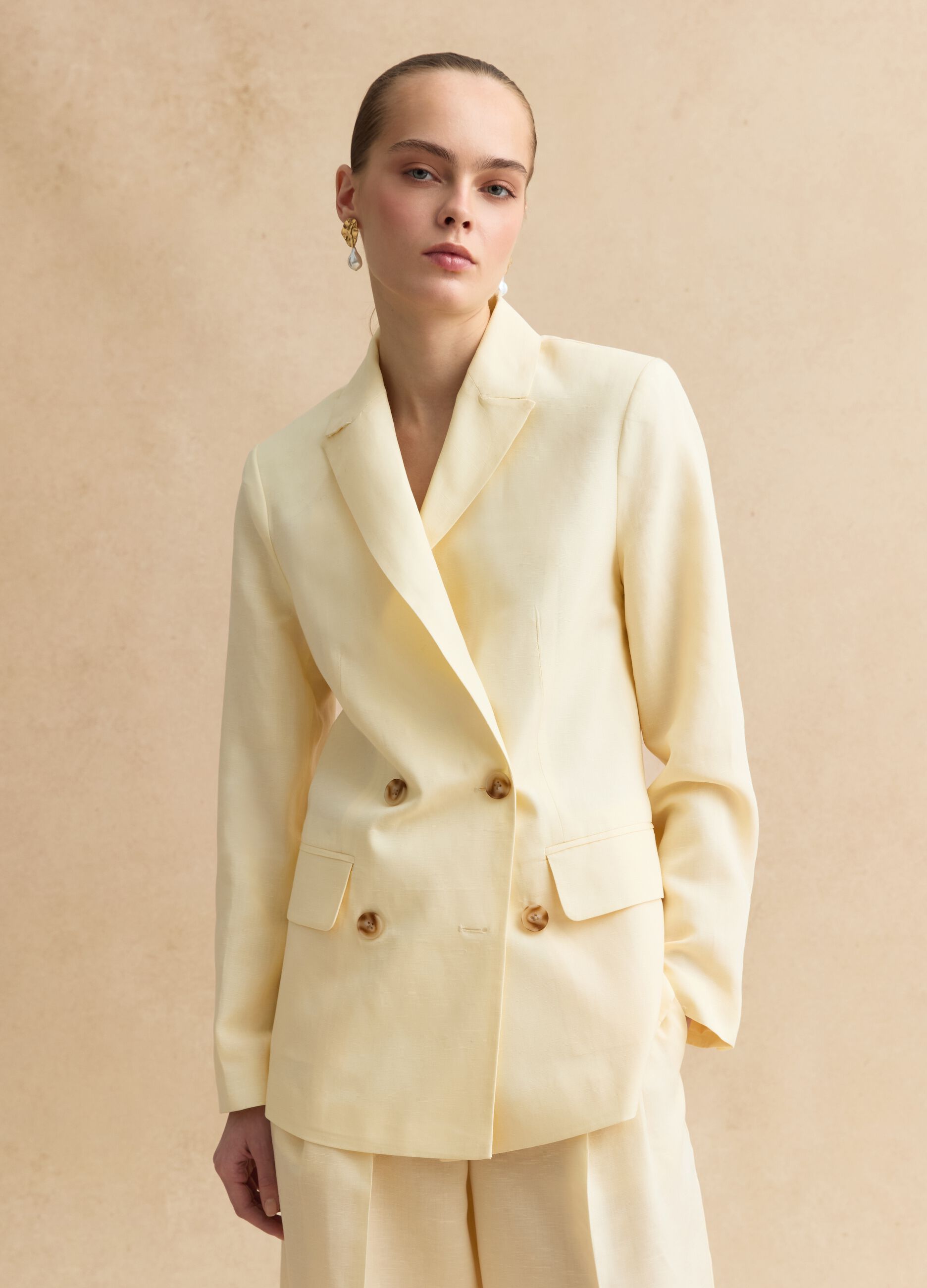 Beige double-breasted Lyocell and linen blazer, regular fit