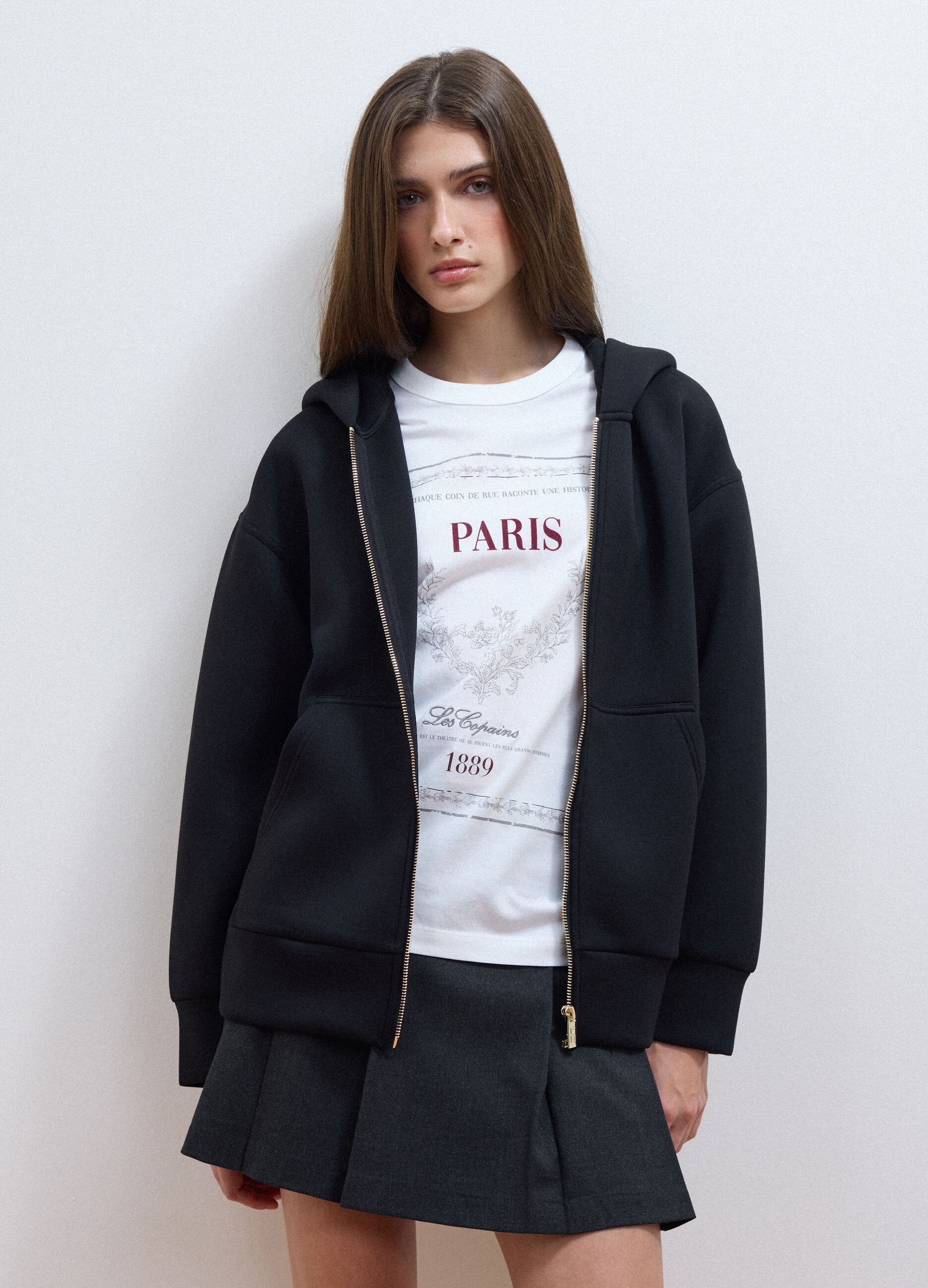 Black stretch viscose full-zip hoodie, oversized fit