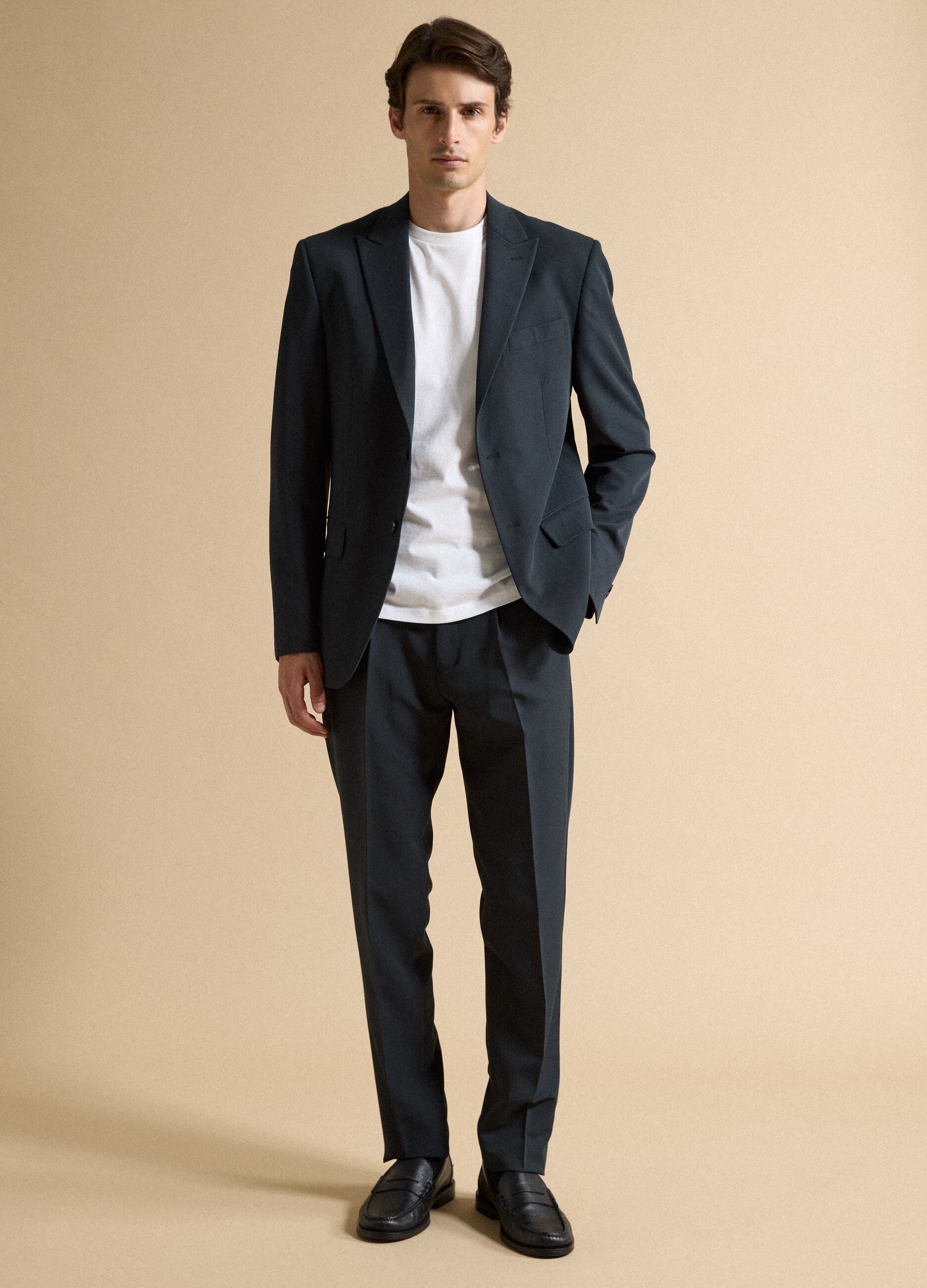 Pantaloni formali blu in twill di viscosa elasticizzata slim fit