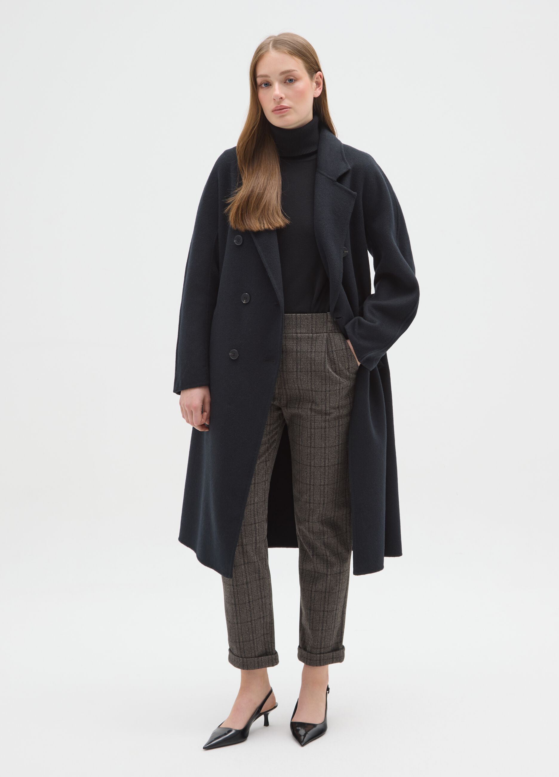 Blue regular fit double-breasted coat in wool blend with belt