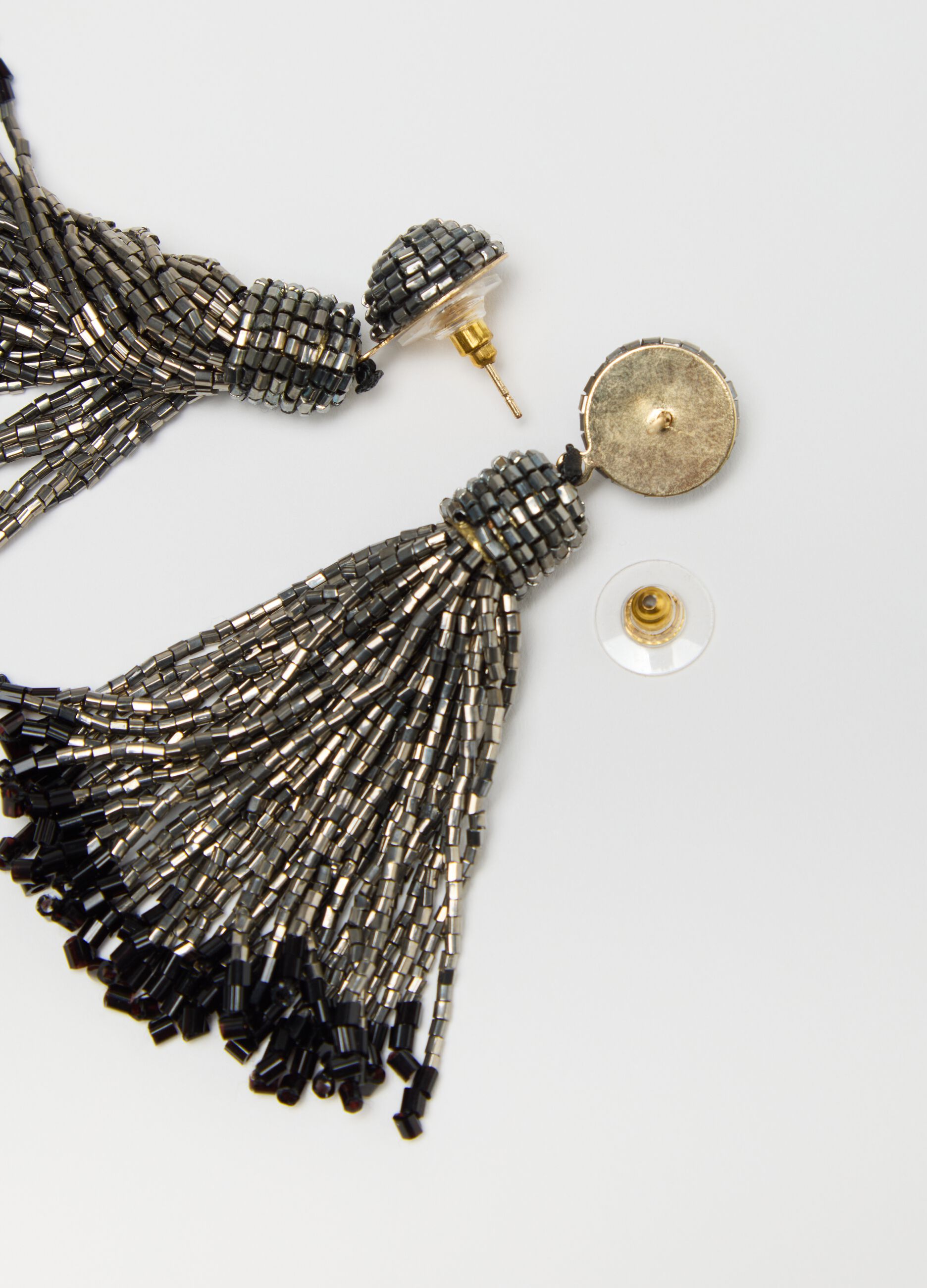 Grey pendant earrings with beads and fringing