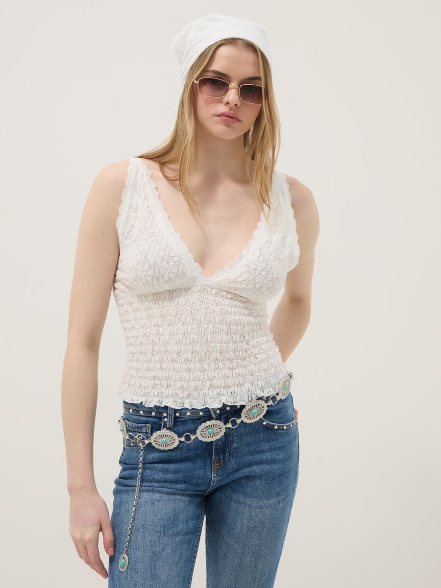 White stretch cotton fitted tank top with floral lace_1
