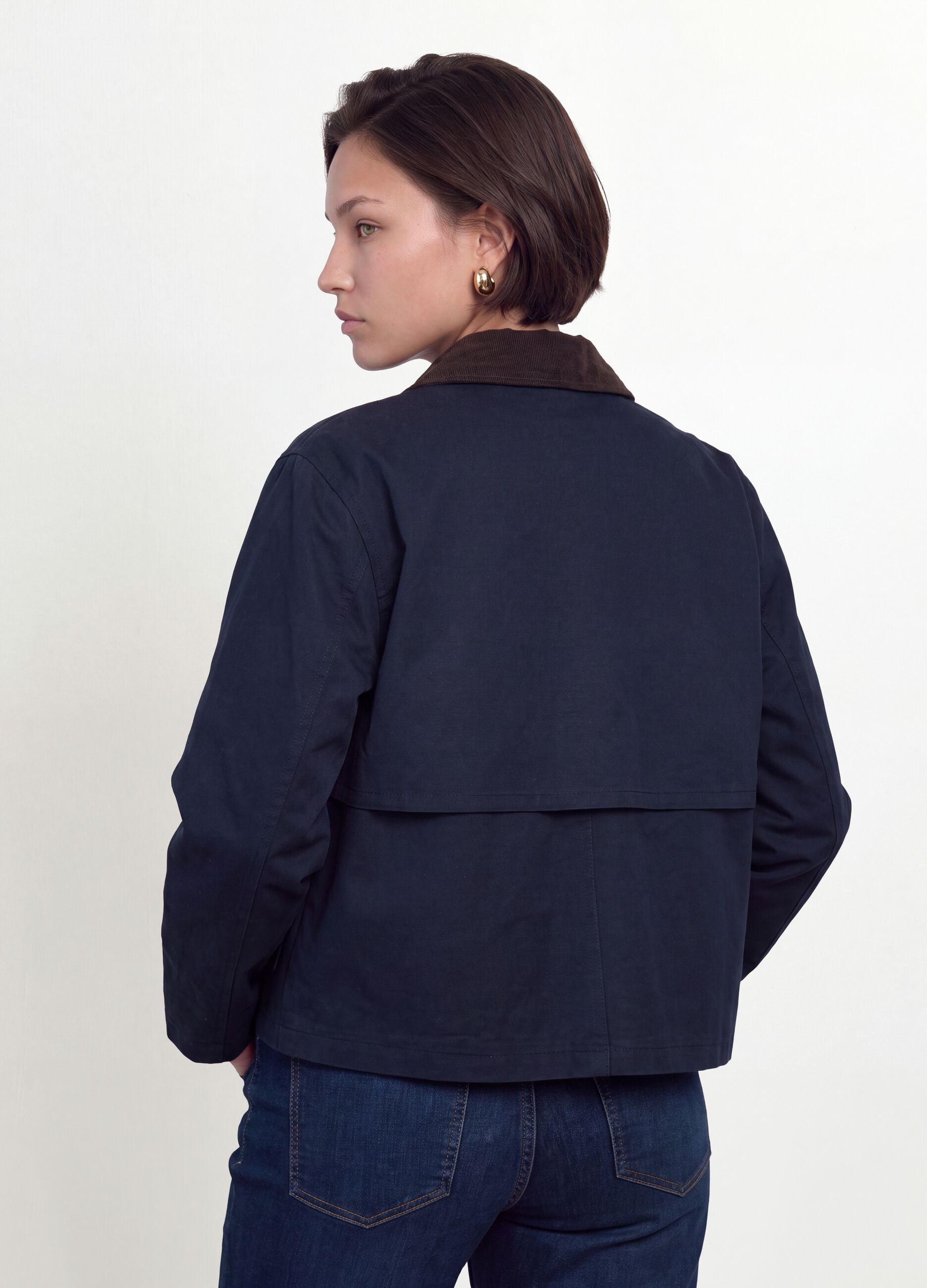 Blue pure cotton jacket with contrast collar, regular fit