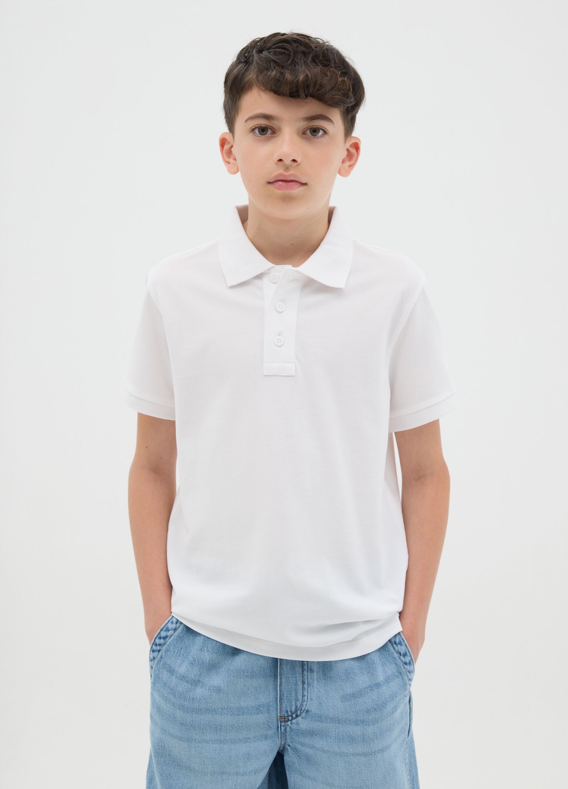 White cotton short sleeve polo