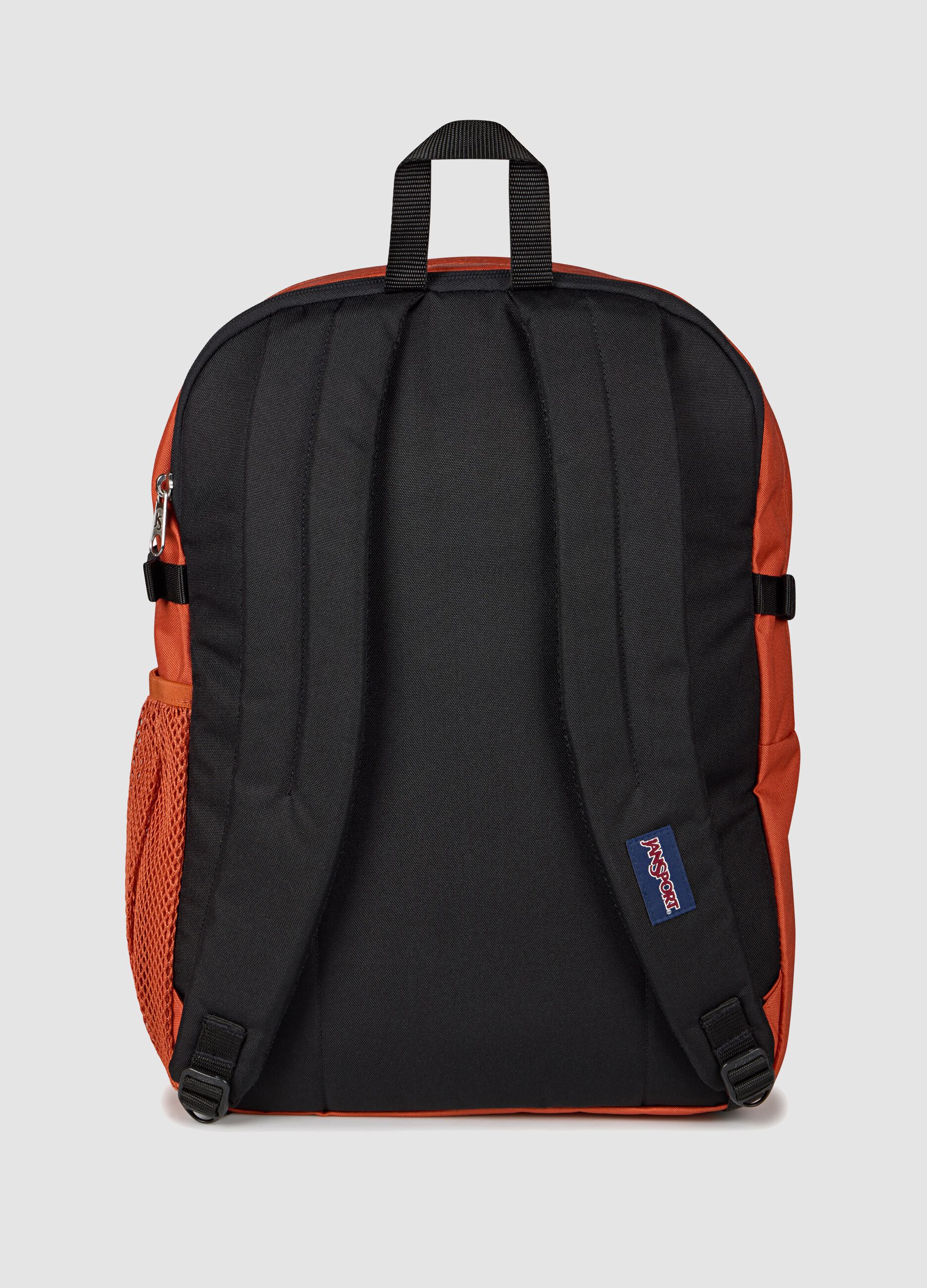 Orange backpack with front pocket and adjustable shoulder straps