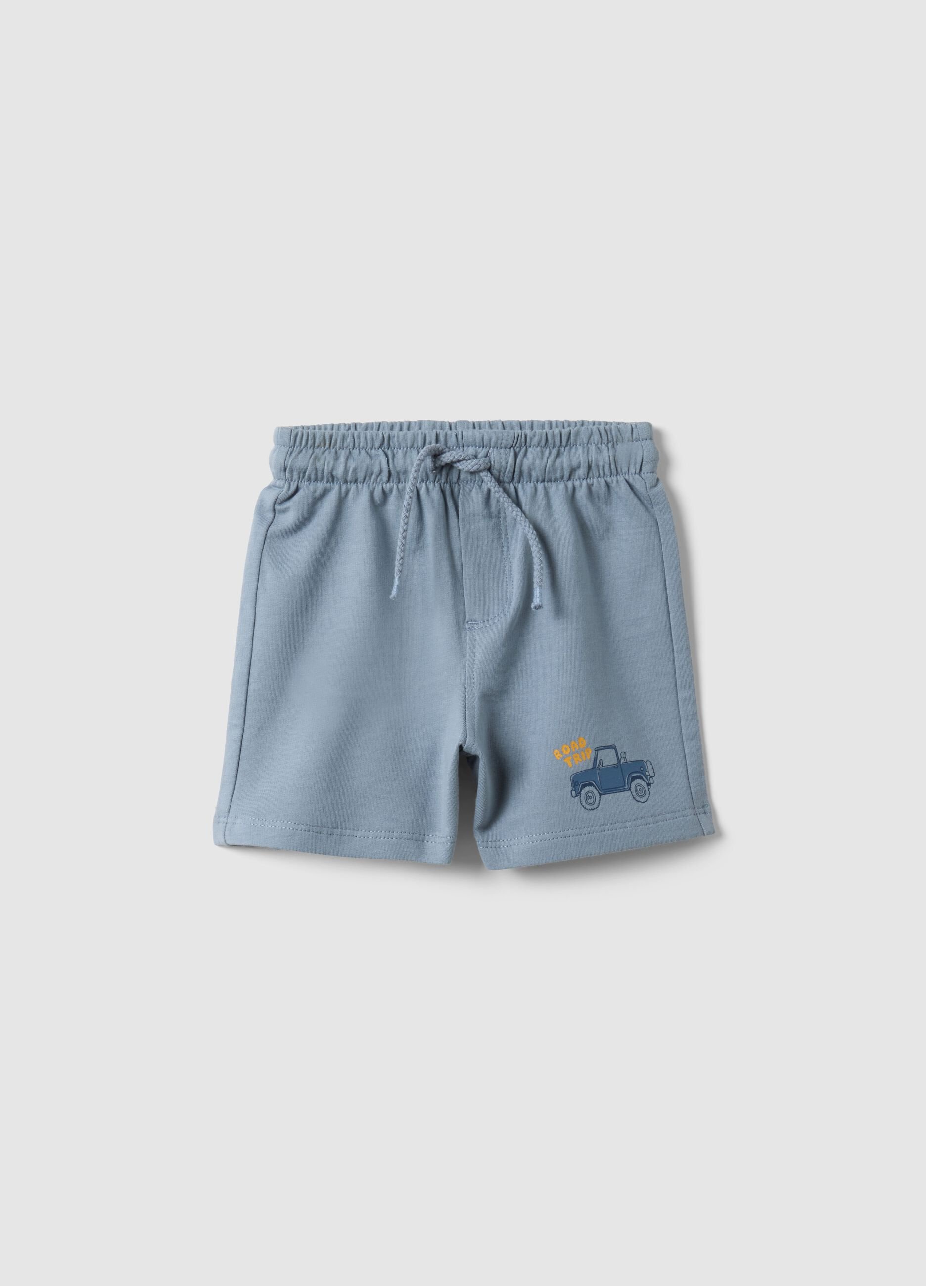 Sky blue pure cotton shorts for boys with regular fit and car design