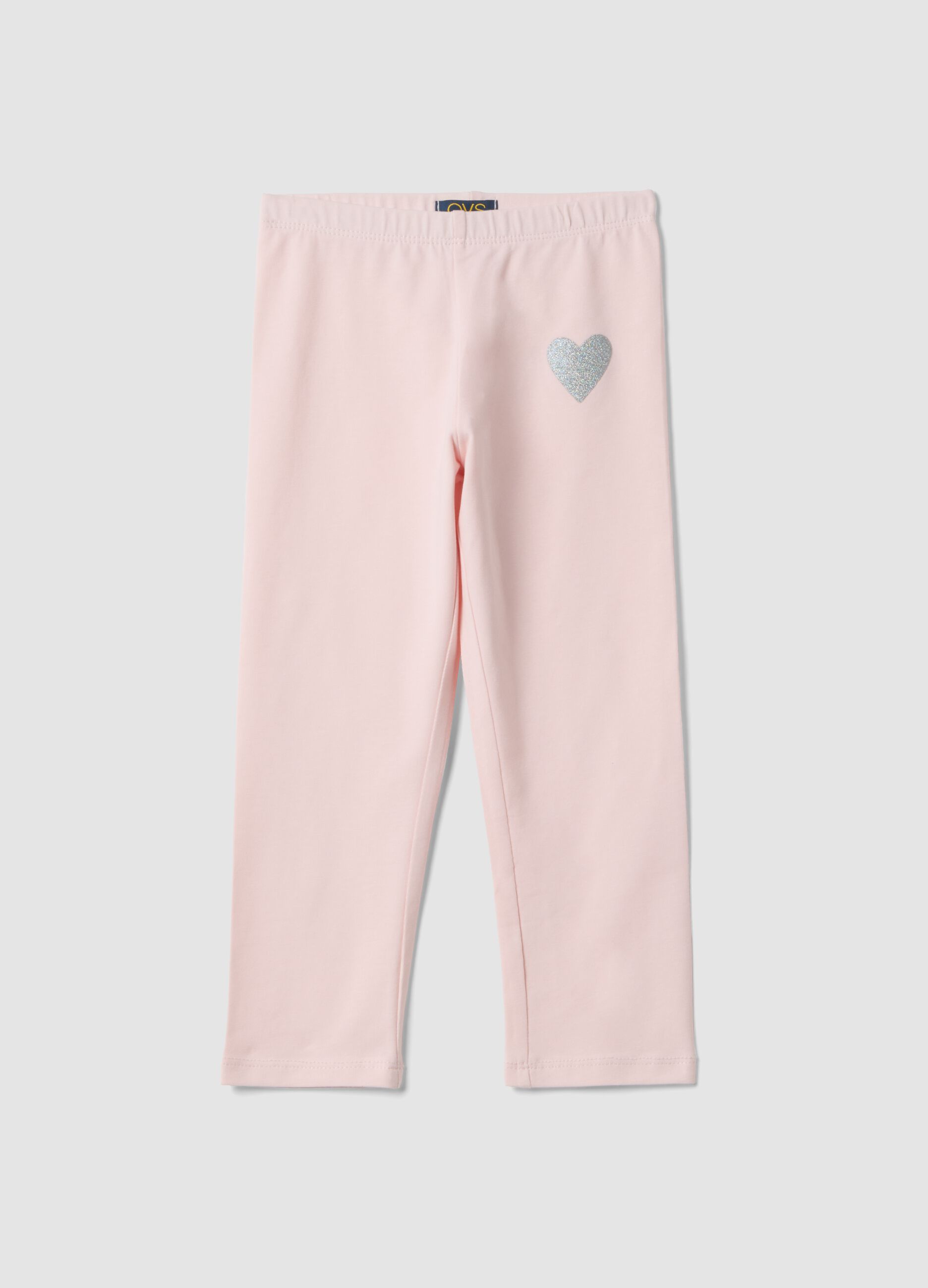 Girls' pink elasticated cotton leggings slim fit with heart