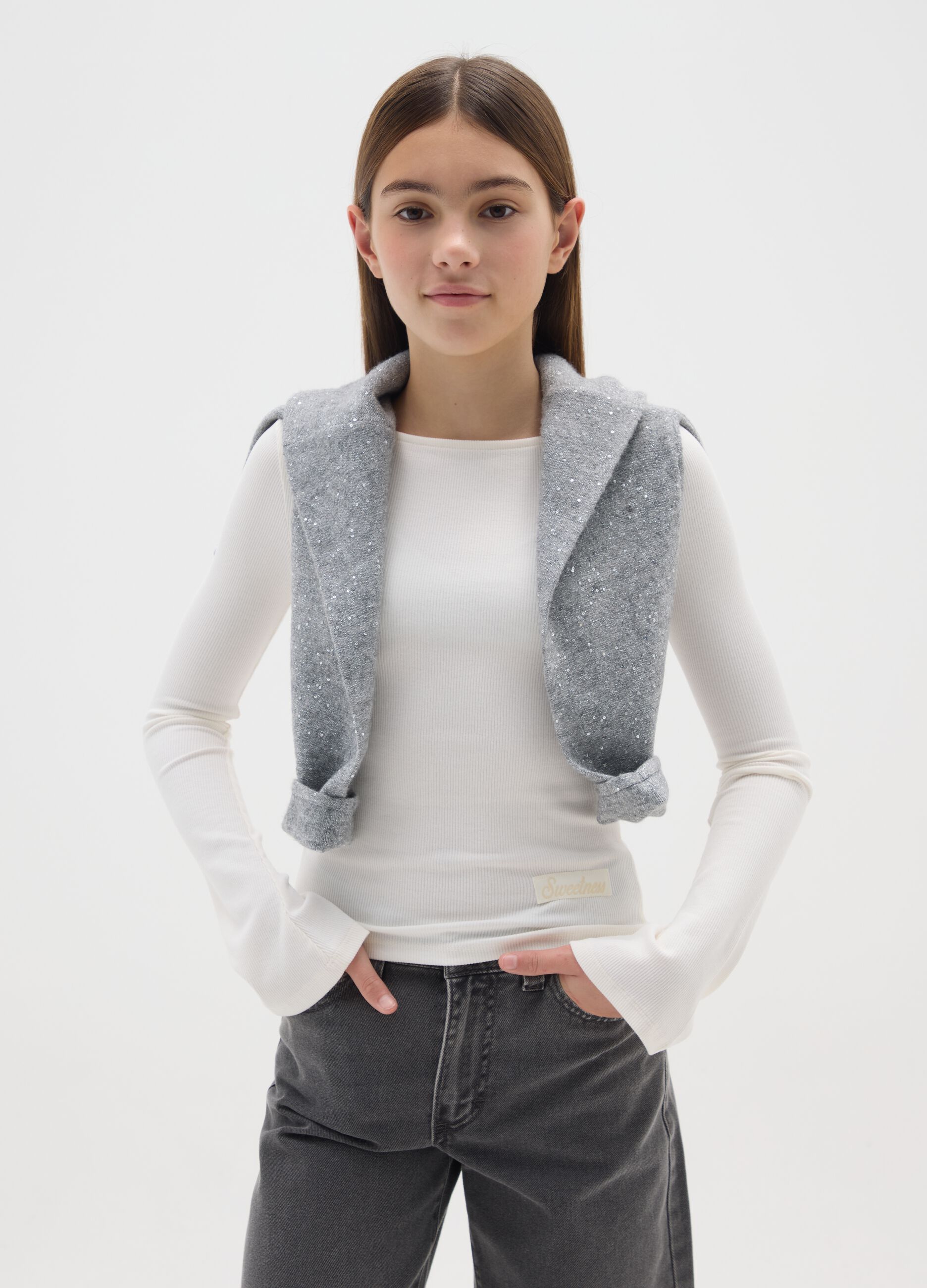 Beige stretch cotton regular fit girls' top