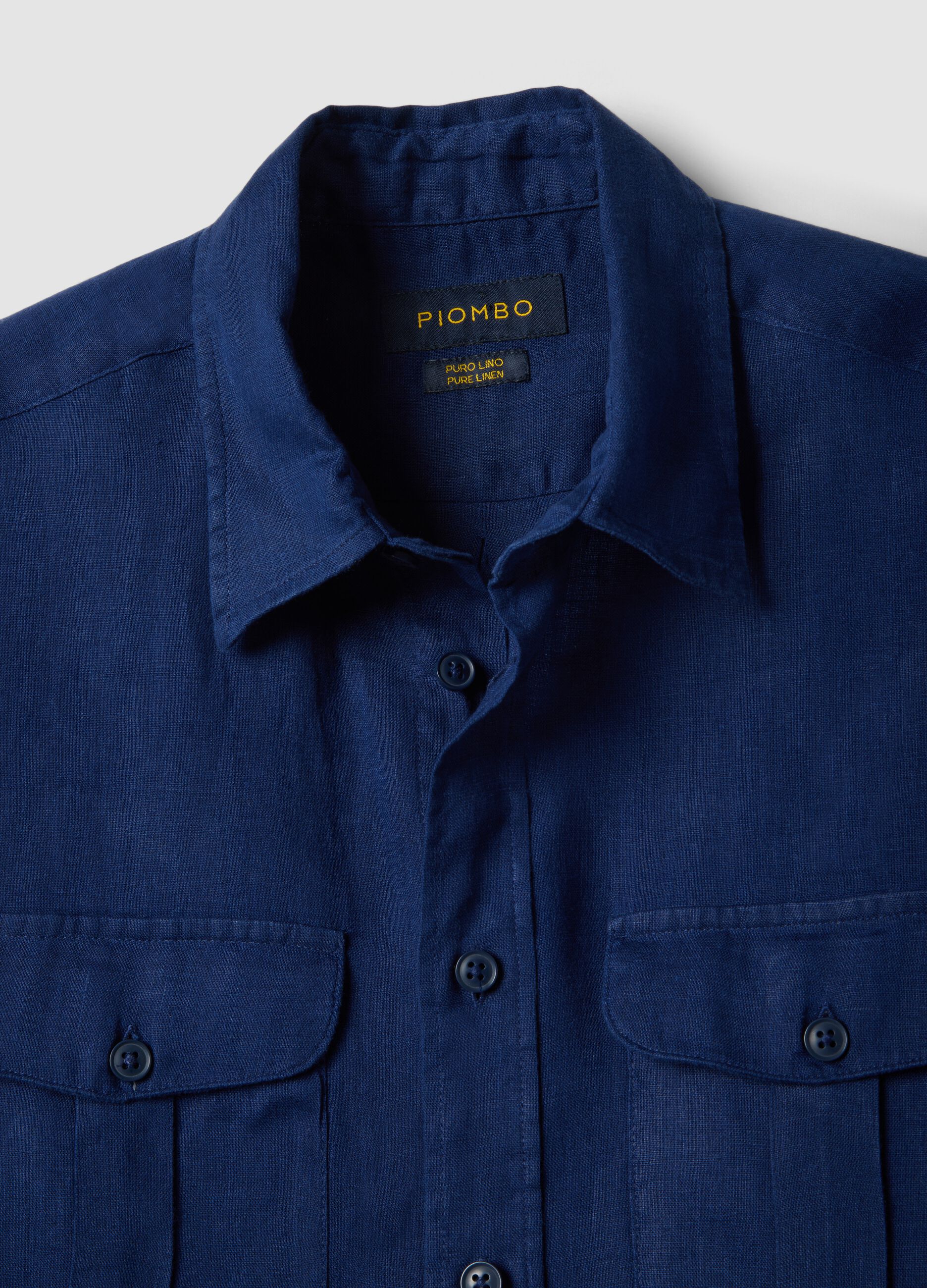 Blue regular-fit pure linen shirt with double pocket