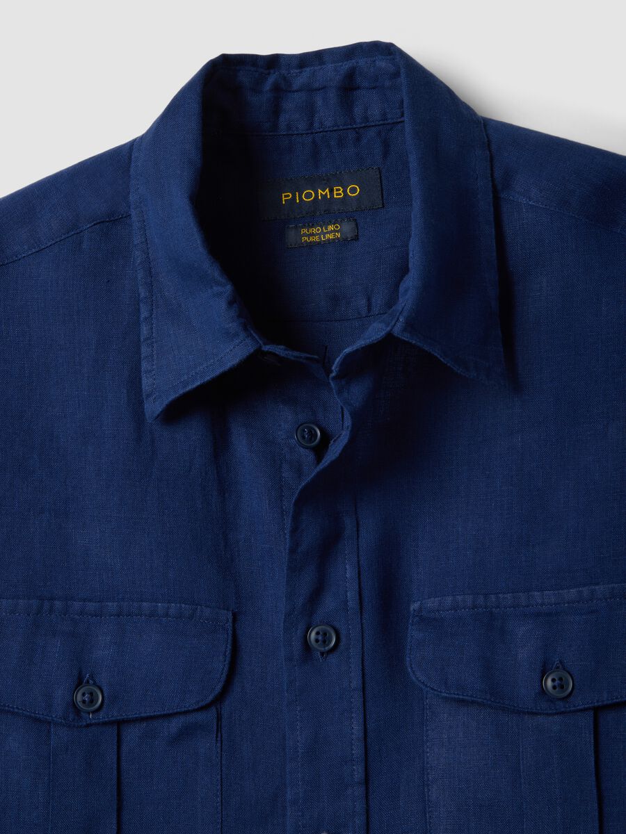 Blue regular-fit pure linen shirt with double pocket_5