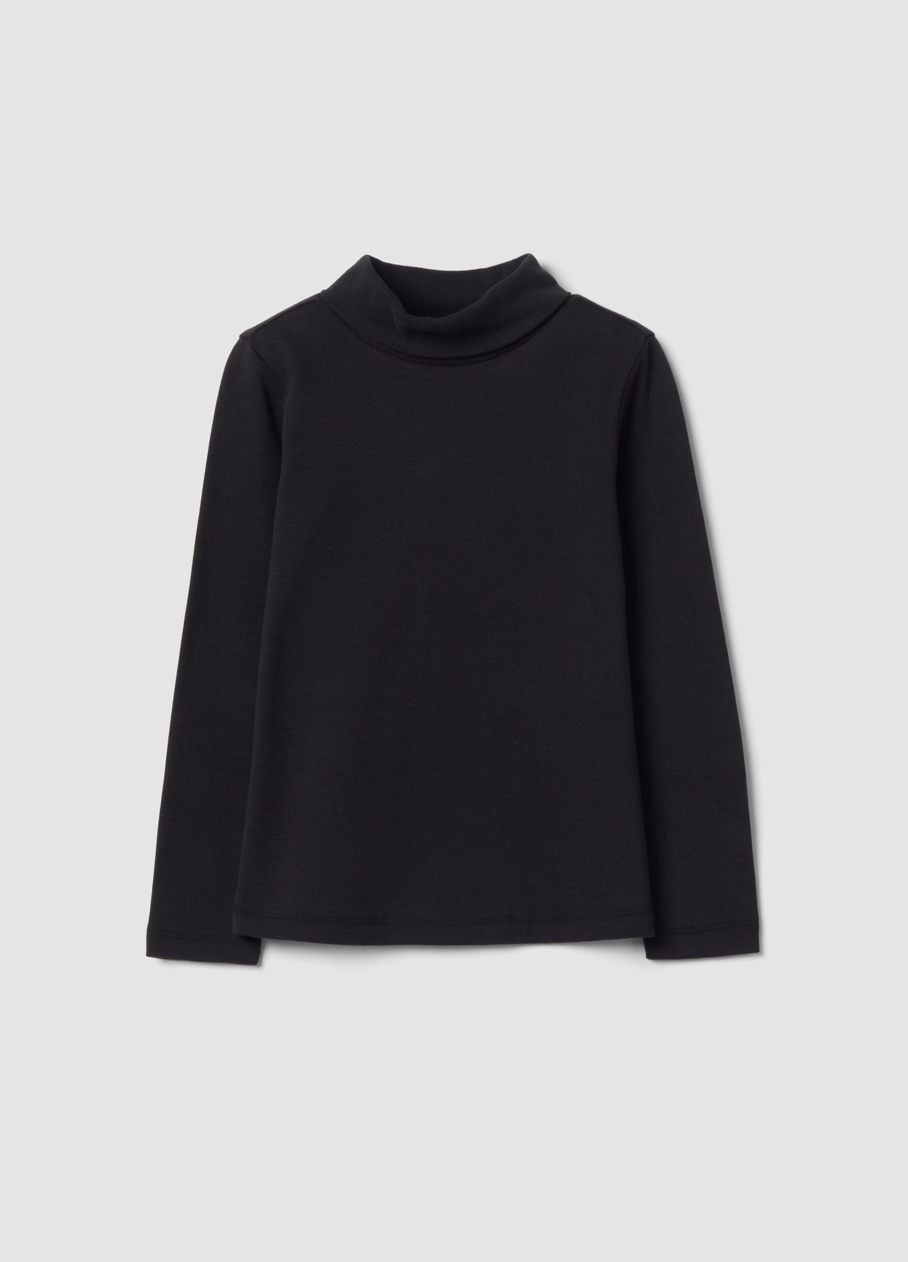 Black cotton roll-neck long-sleeve T-shirt, regular fit