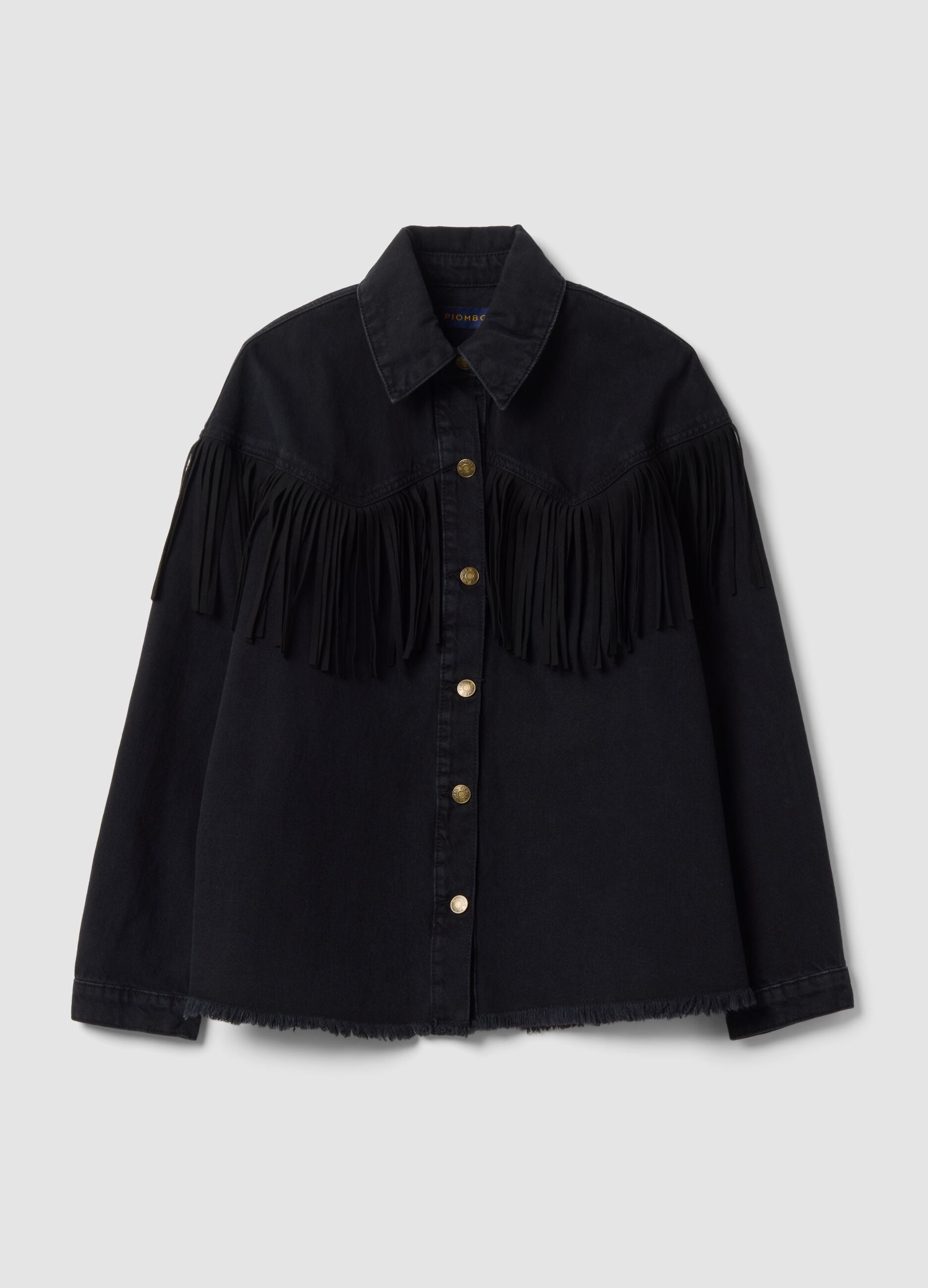 Giacca nera in denim di puro cotone con frange