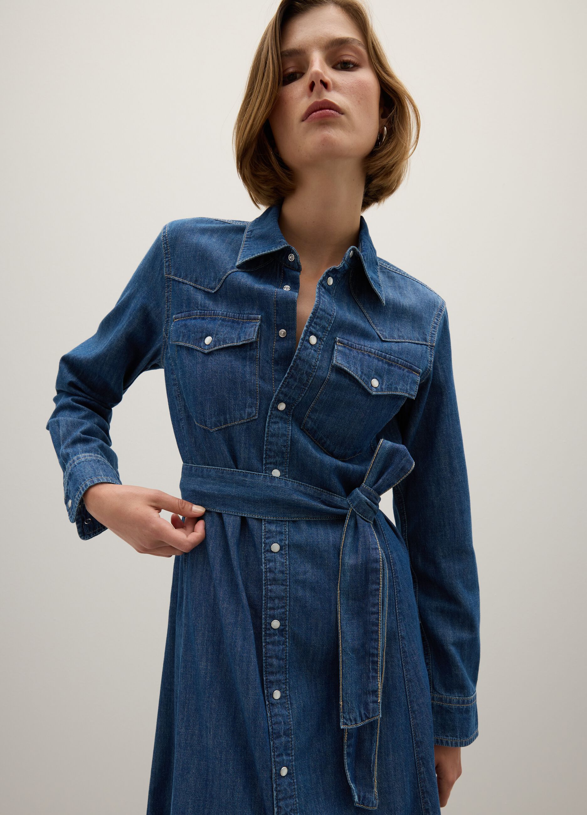 Long pure cotton denim dress with zip and belt