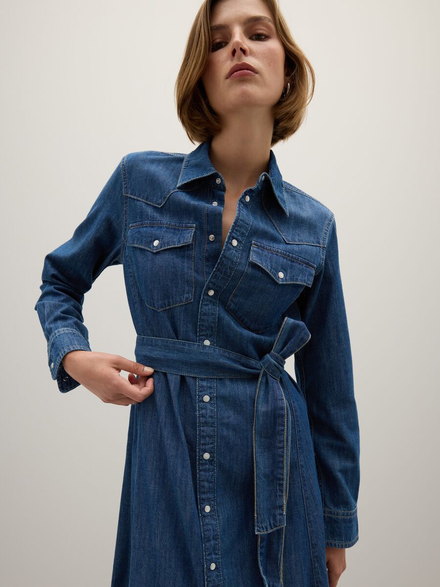 Long pure cotton denim dress with zip and belt_3