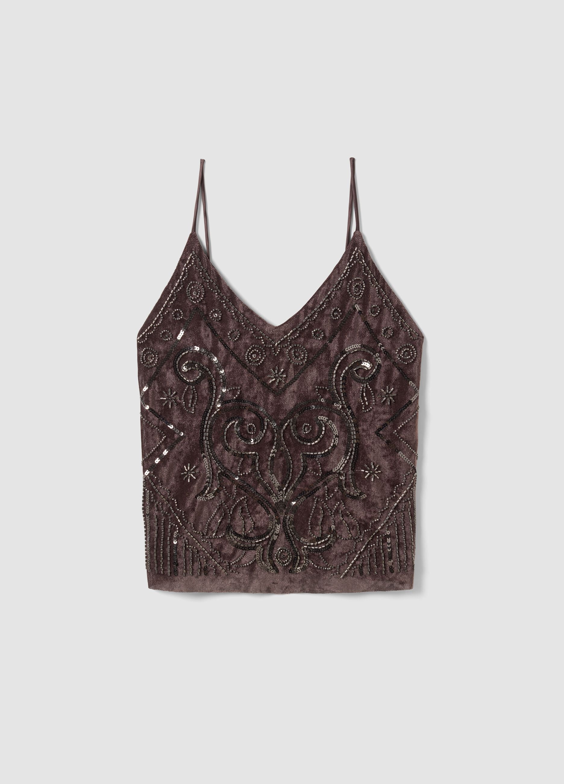 Brown fitted sequin stretch tank top