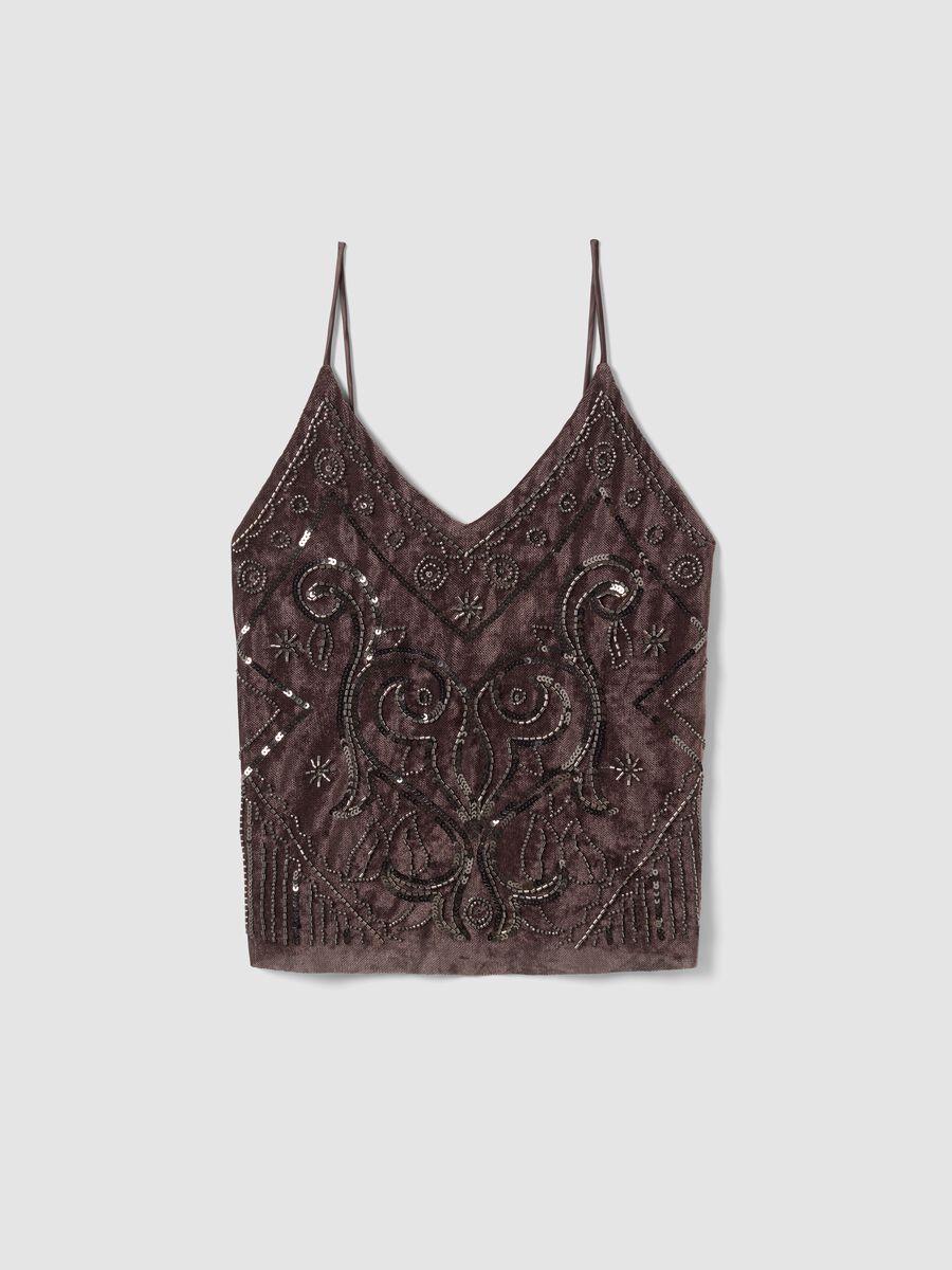 Tank Top marrone in tessuto elasticizzato con paillettes fitted_4