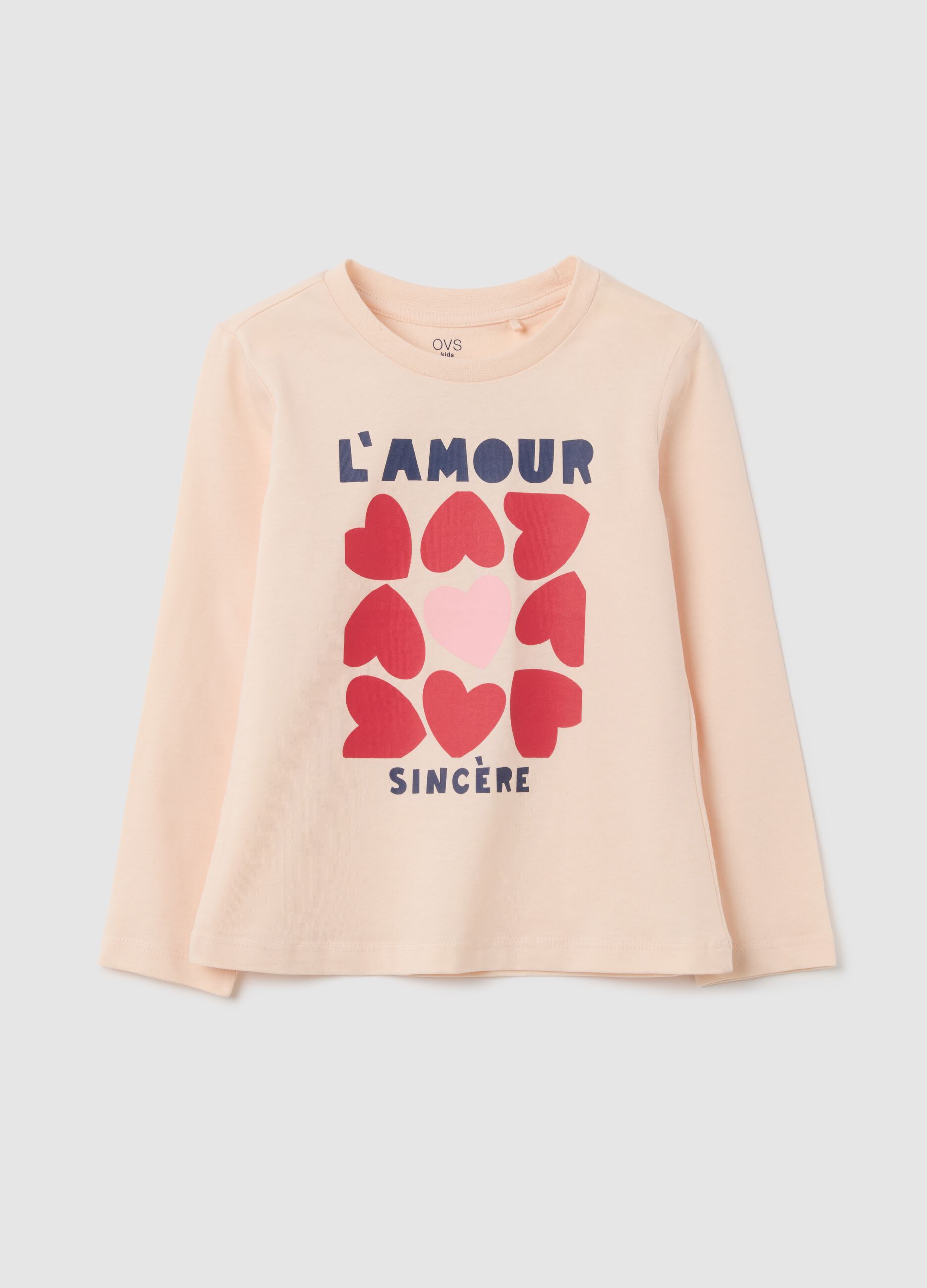 Girls' long beige cotton top - regular fit with print