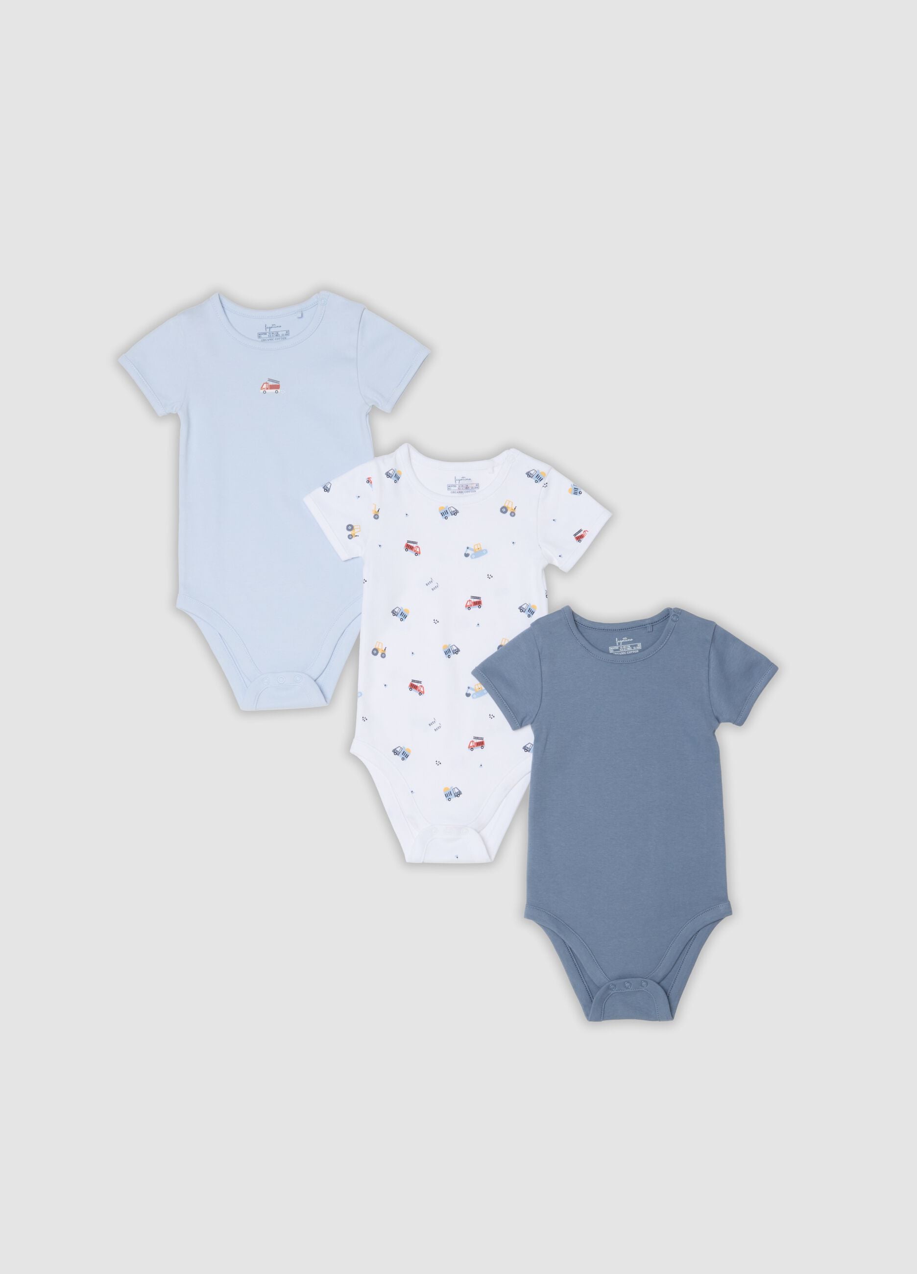 3-pack of blue and white organic cotton baby bodysuits with cars