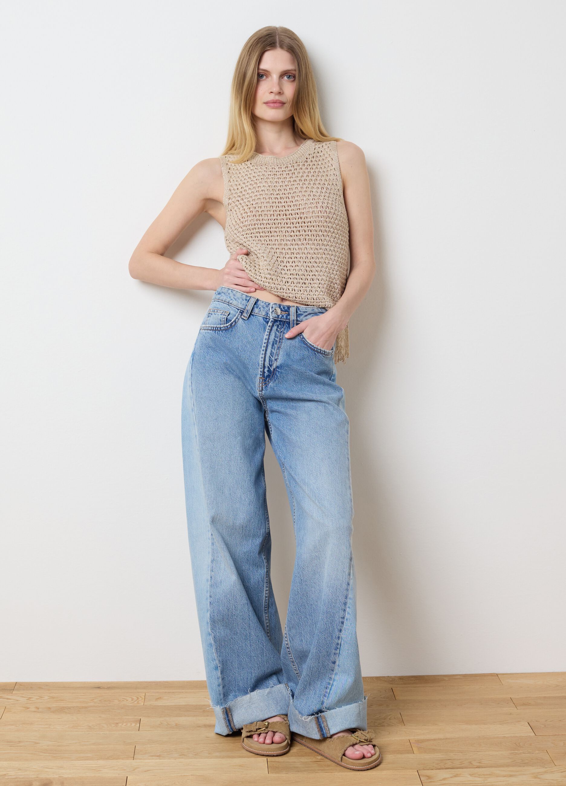 Tank top crochet in lurex con frange