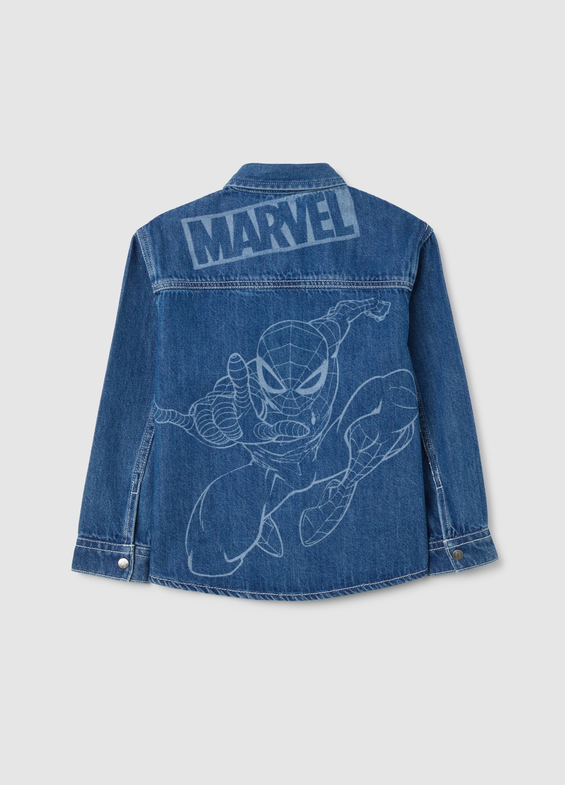 Blue denim regular fit kids' shirt with Spiderman print