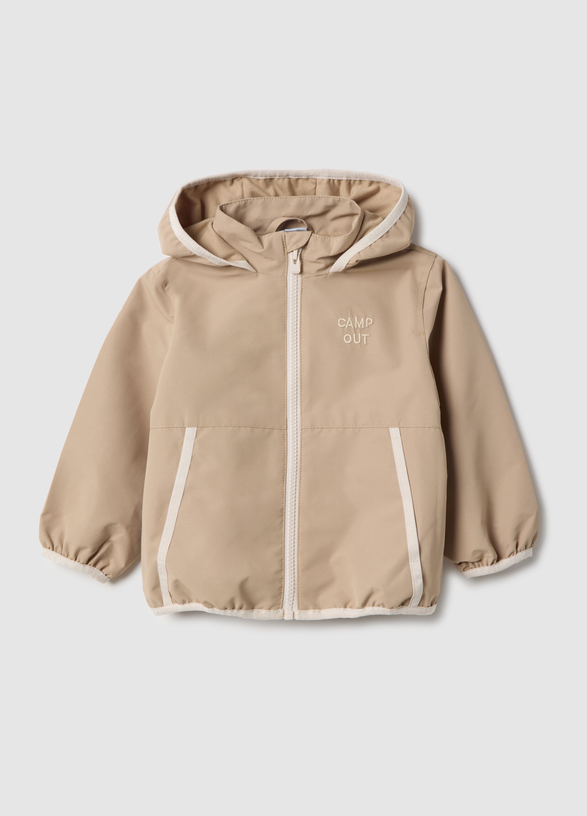 Beige regular fit hooded jacket for boys