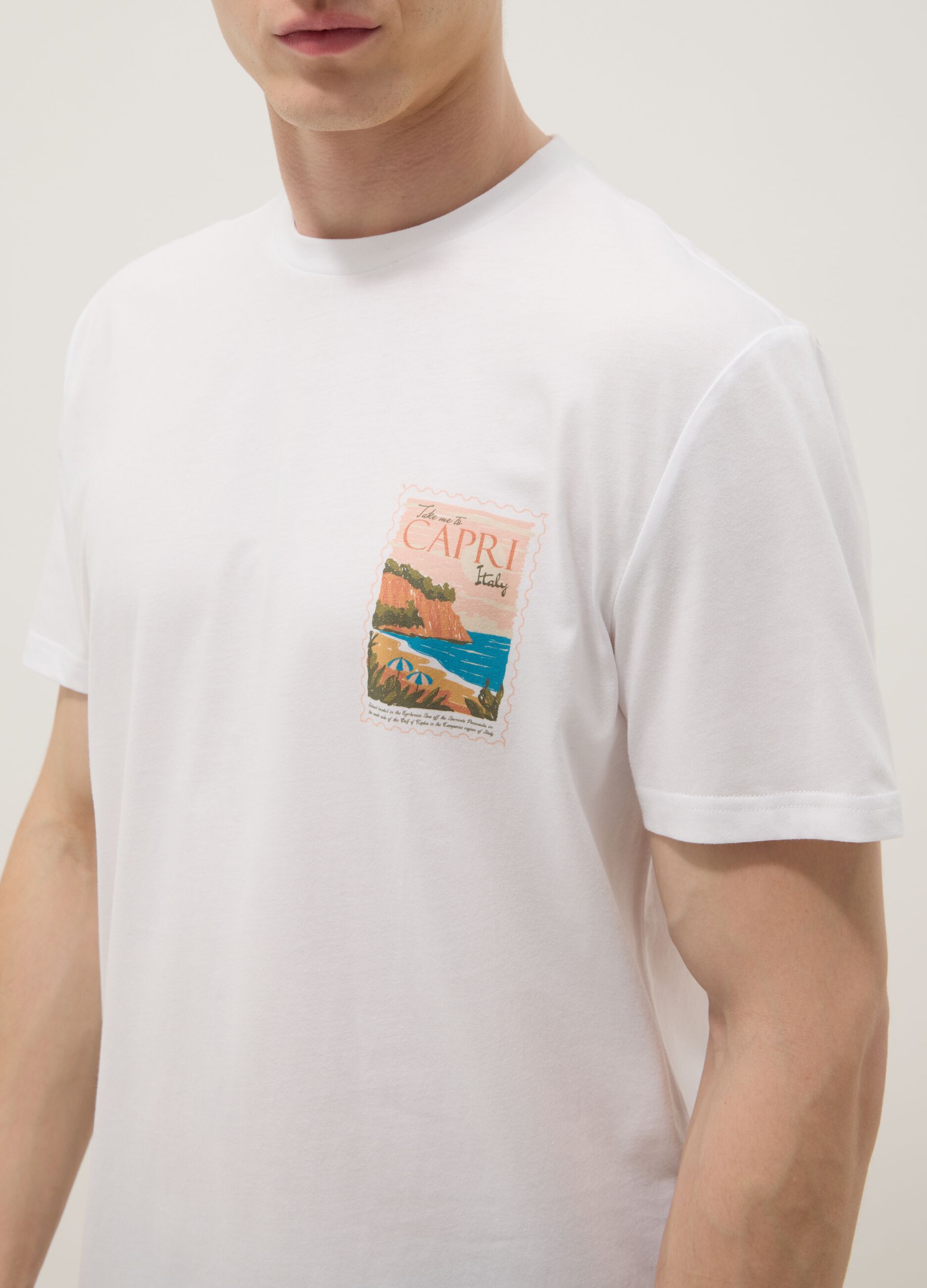 White pure cotton T-shirt with applied print, regular fit