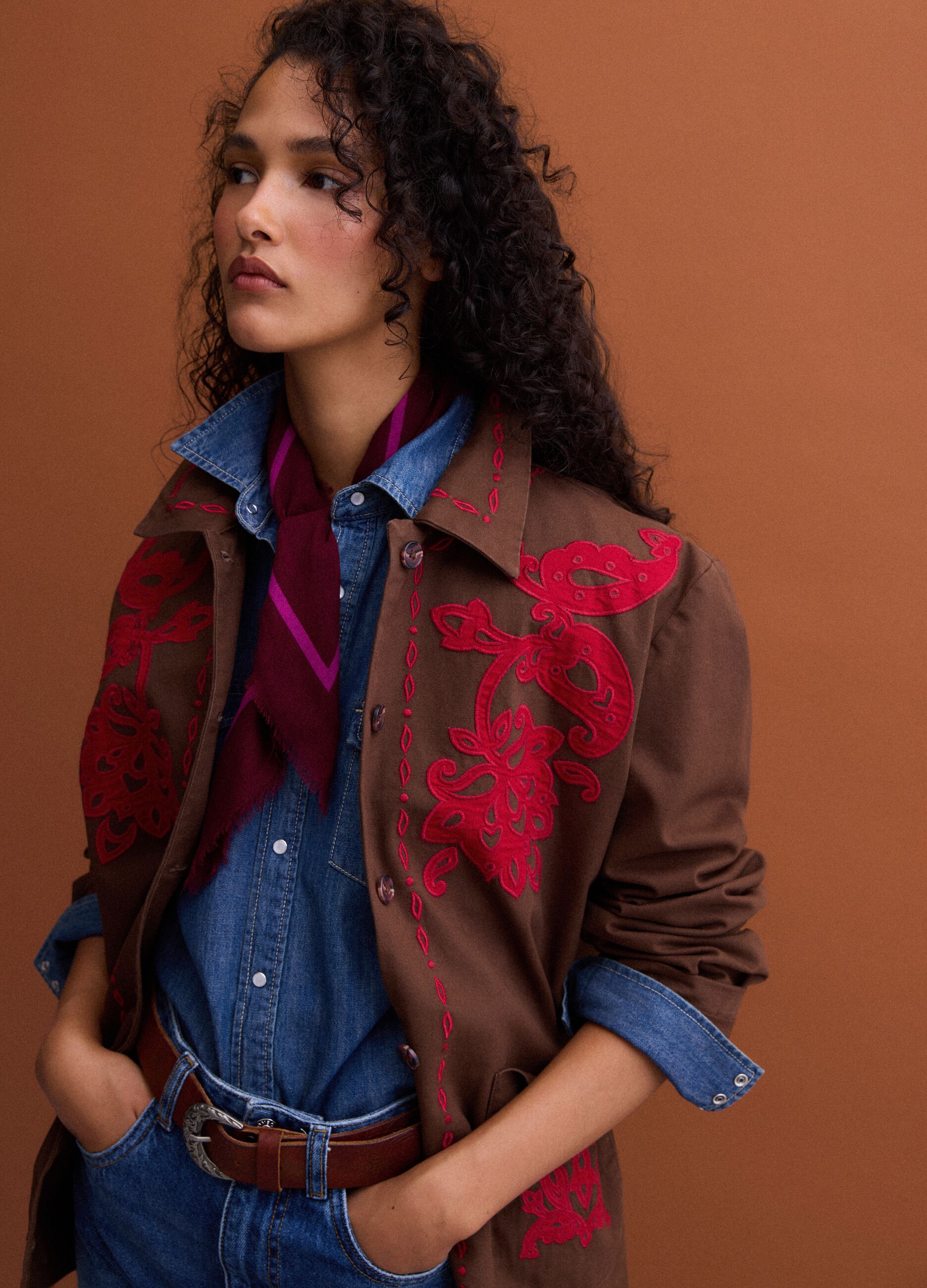 Brown pure cotton shacket with contrasting embroidery, regular fit
