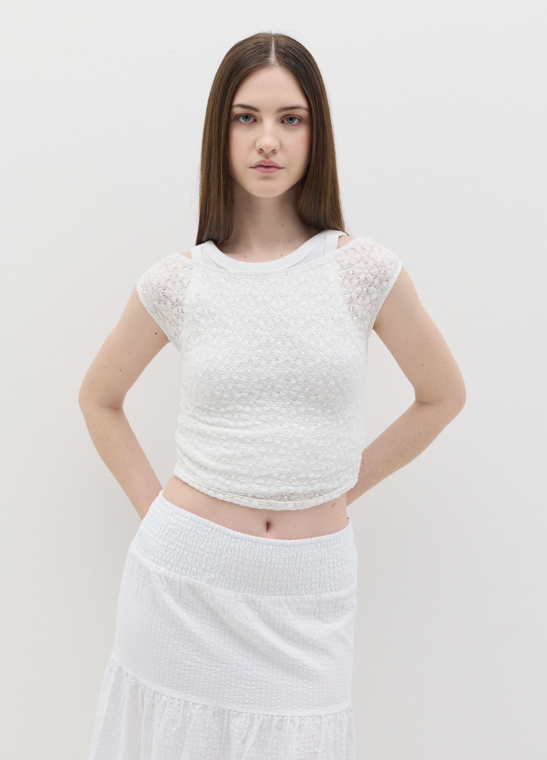 Lace-effect sleeveless top