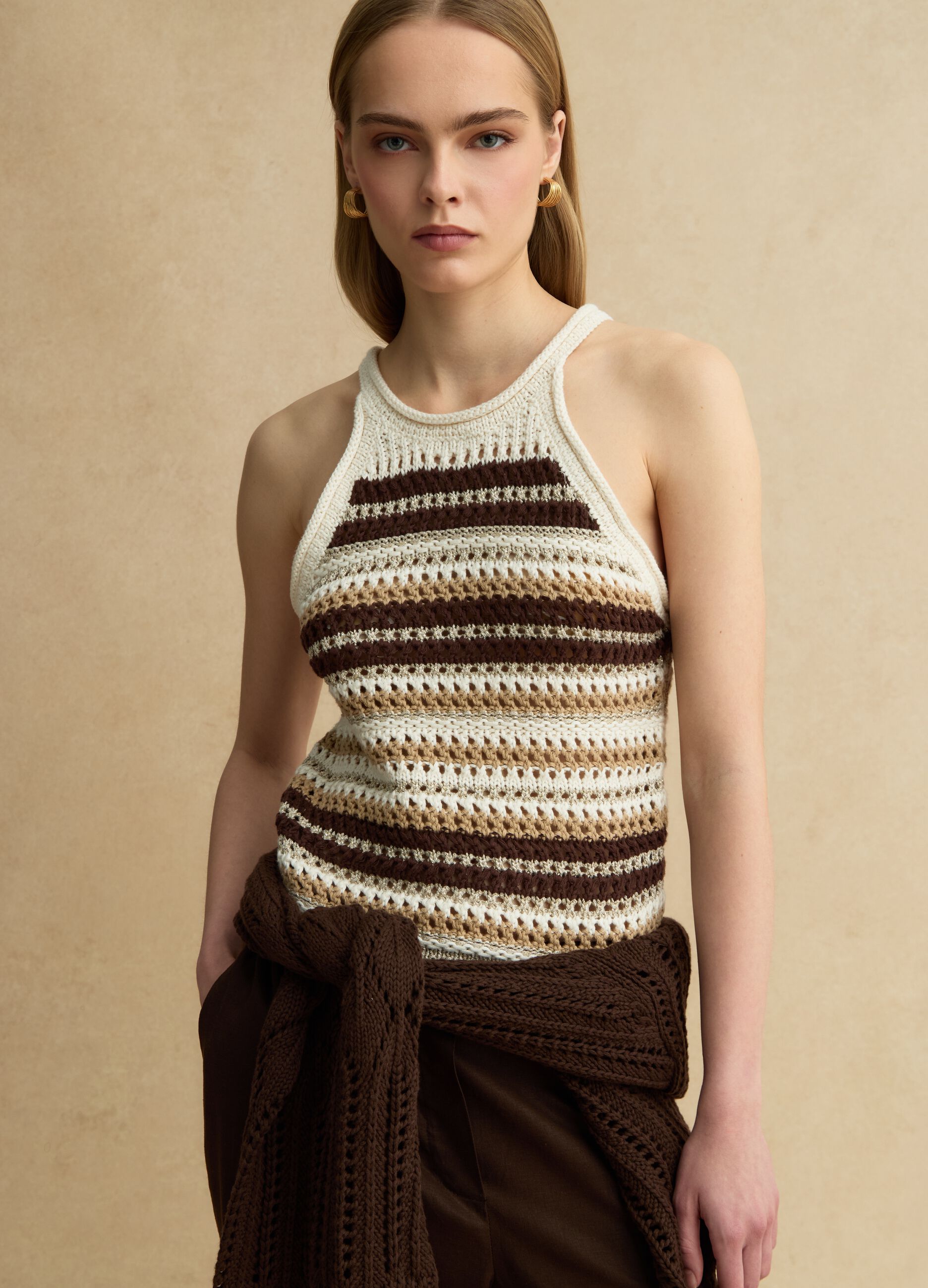 Multicolour striped fitted knitted cotton-blend top