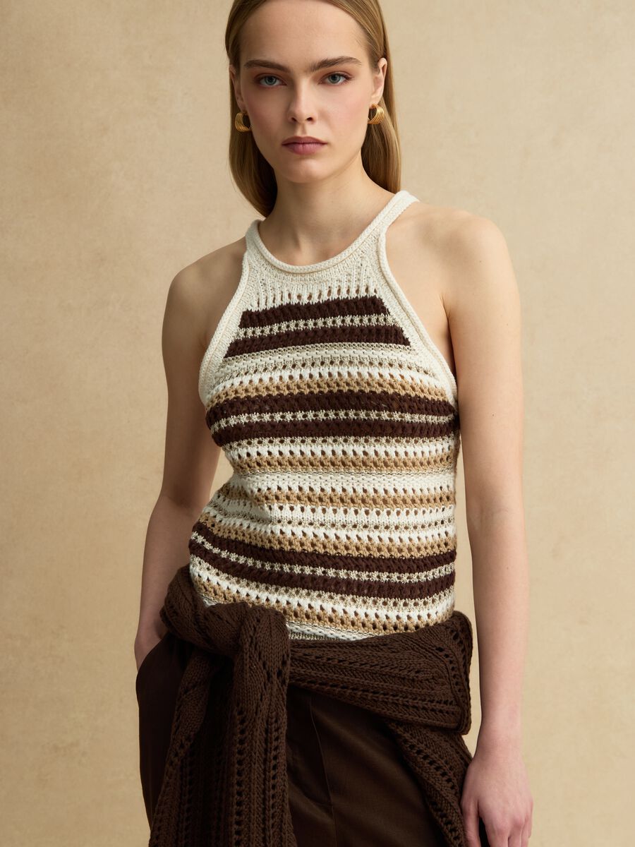 Top fitted a righe multicolor in misto cotone lavorato a maglia_0