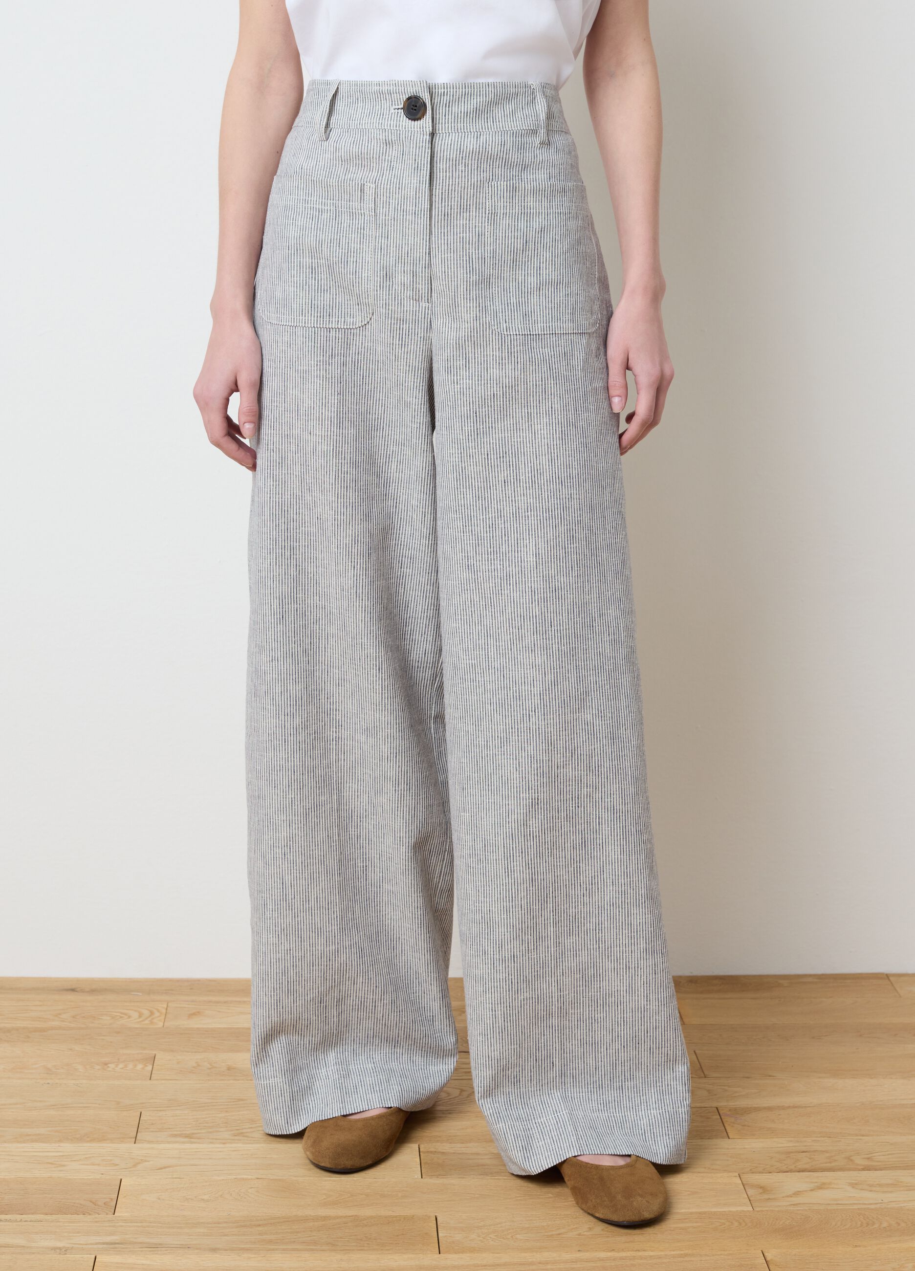 Pantaloni da donna wide leg multicolor in cotone e lino
