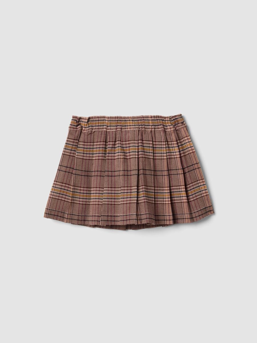Brown pleated checked stretch viscose skirt for baby girls_1