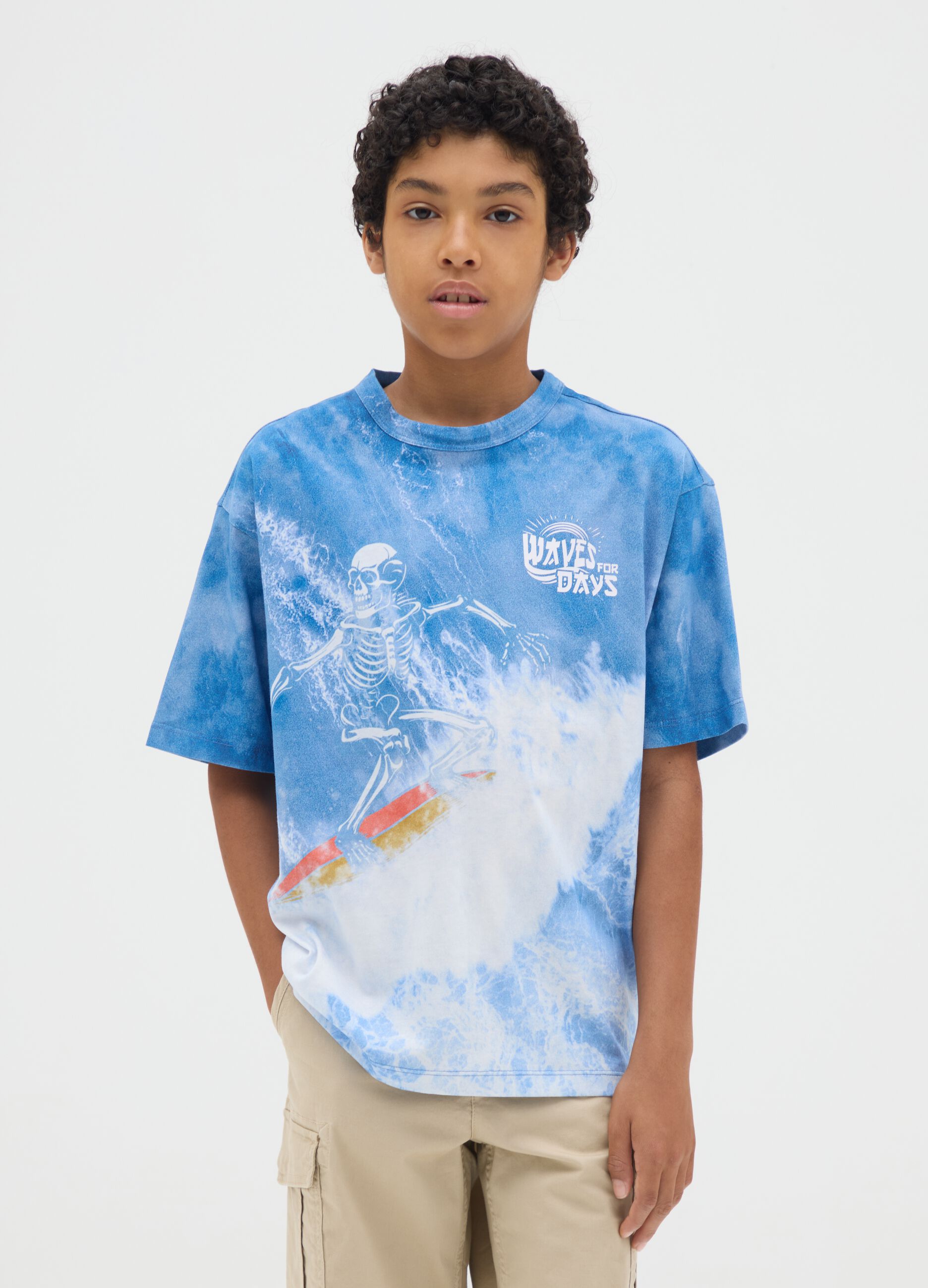 Regular fit boys' blue pure cotton T-shirt with skeleton print