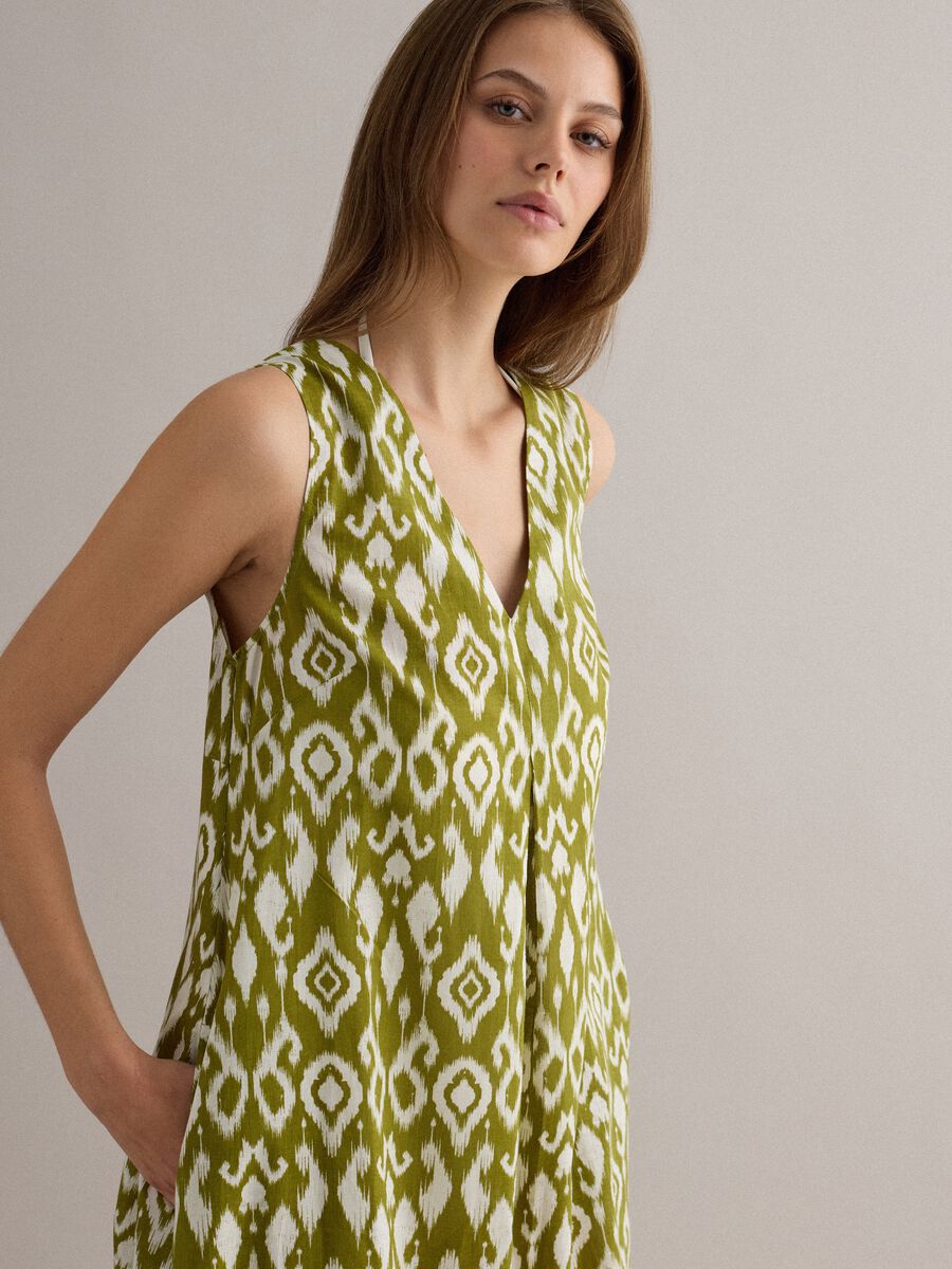 Green maxi dress in pure cotton with V-neck and print_3