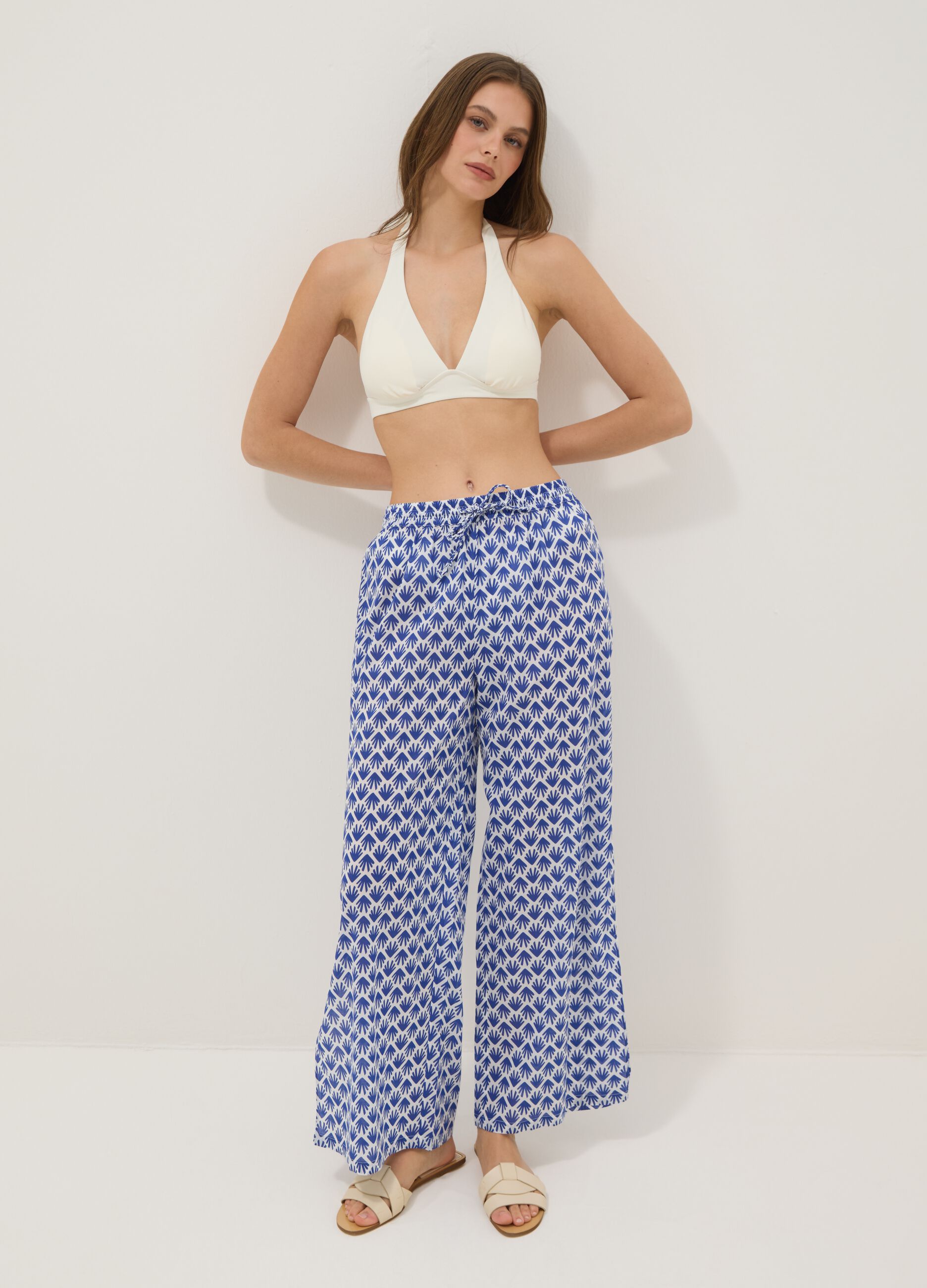 Long pure cotton multicolour floral-print trousers
